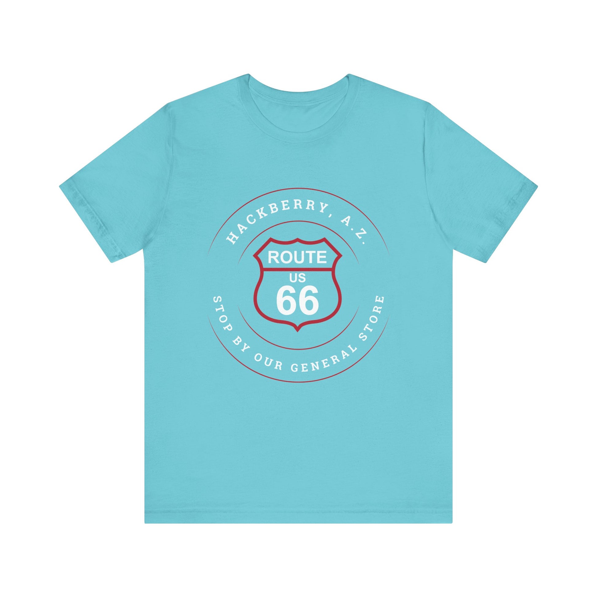 Turquoise retro Route 66 unisex jersey tee with Hackberry, AZ: "Stop by our General Store" design