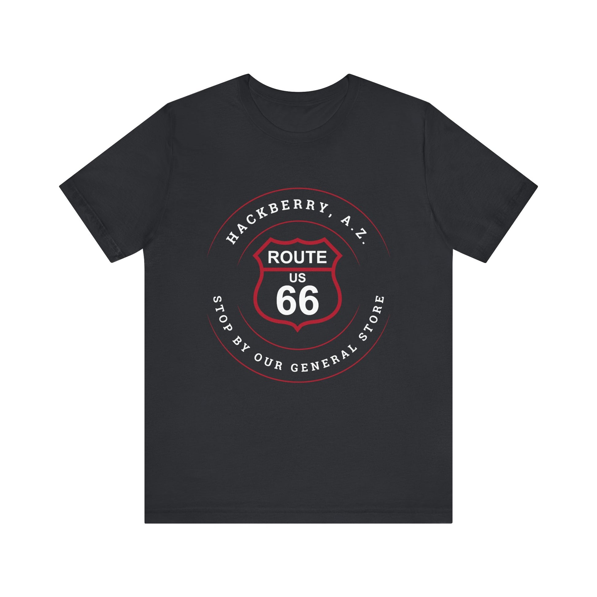 Vintage black retro Route 66 unisex jersey tee with Hackberry, AZ: "Stop by our General Store" design