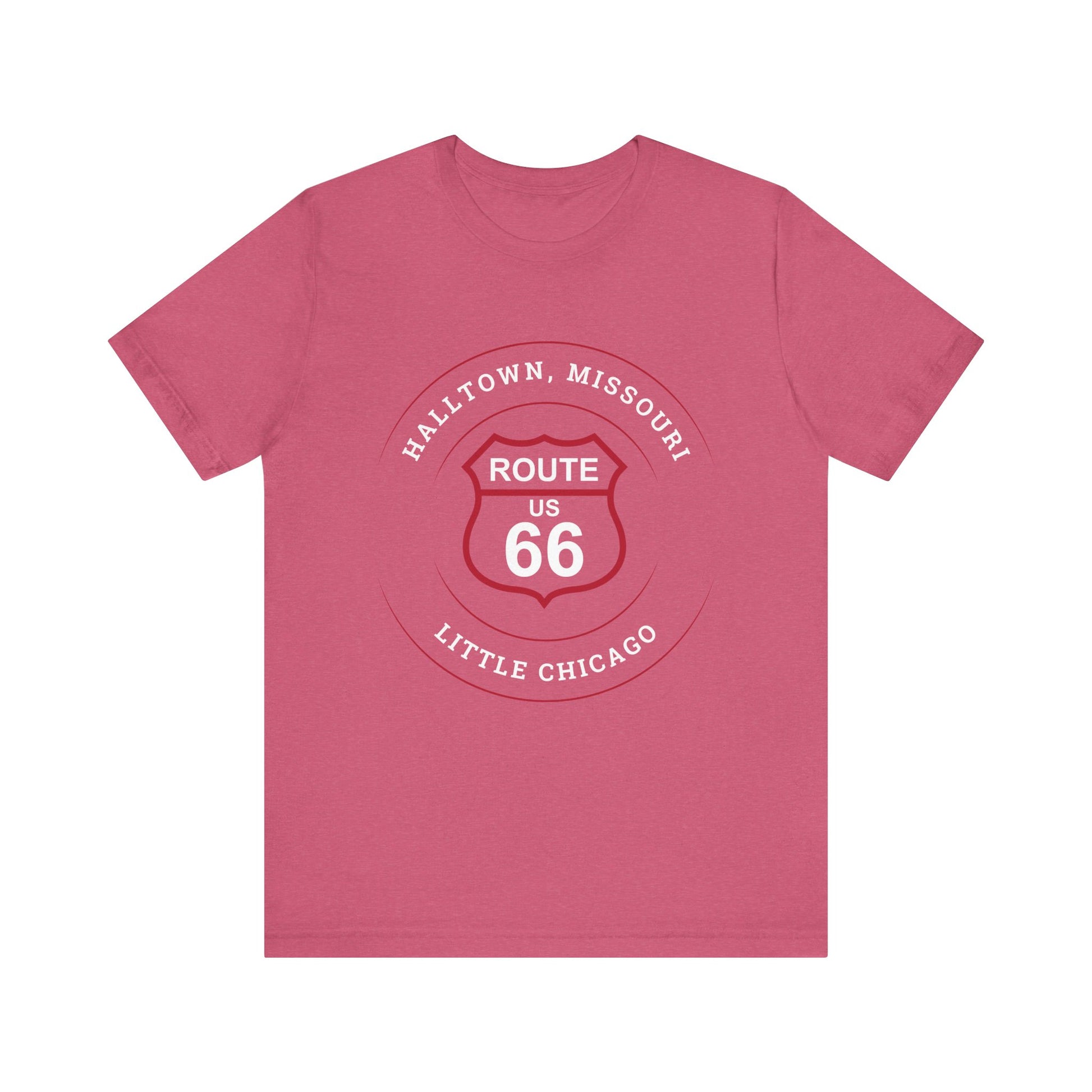Heather raspberry retro Route 66 unisex jersey tee with Halltown, MO "Little Chicago" design