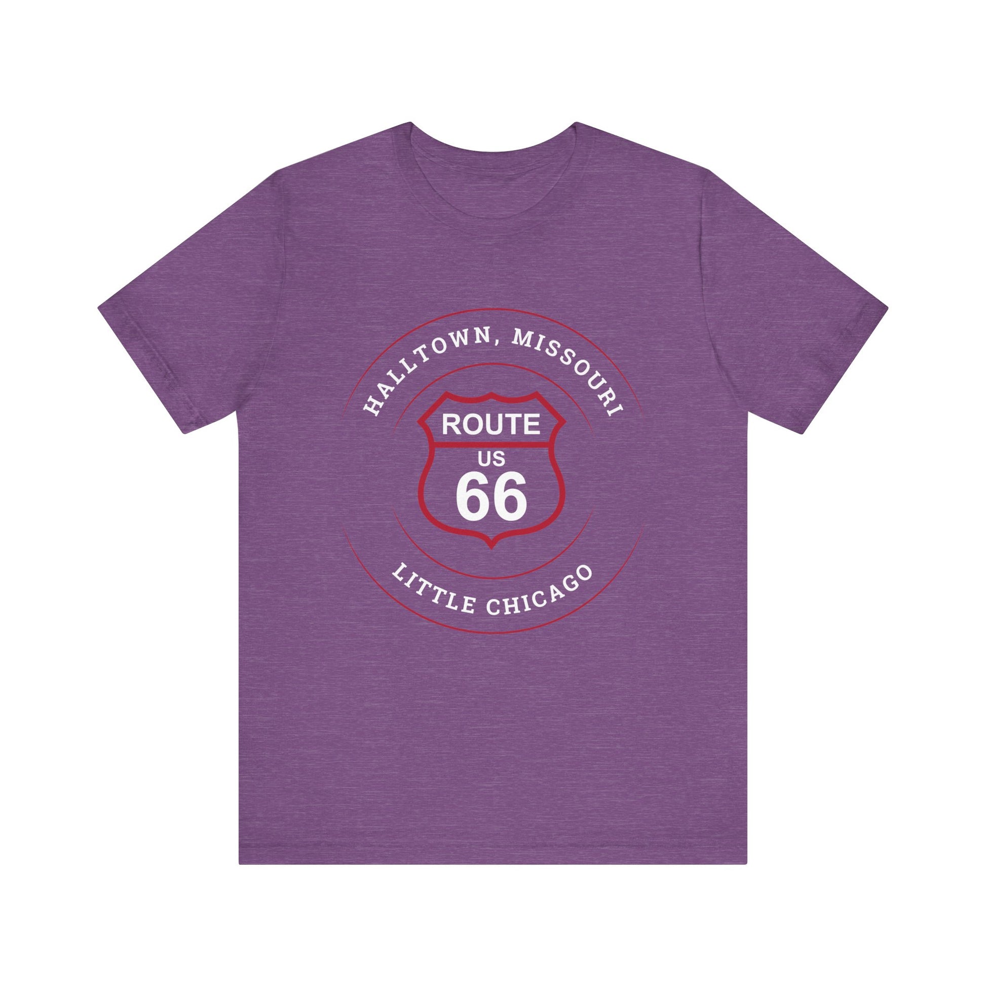 Heather team purple retro Route 66 unisex jersey tee with Halltown, MO "Little Chicago" design