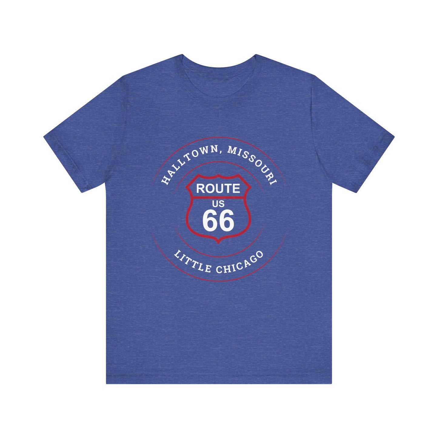 Heather true royal retro Route 66 unisex jersey tee with Halltown, MO "Little Chicago" design