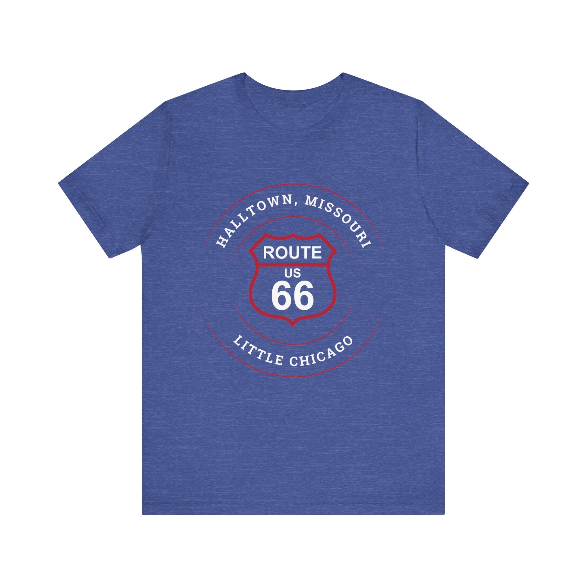 Heather true royal retro Route 66 unisex jersey tee with Halltown, MO "Little Chicago" design