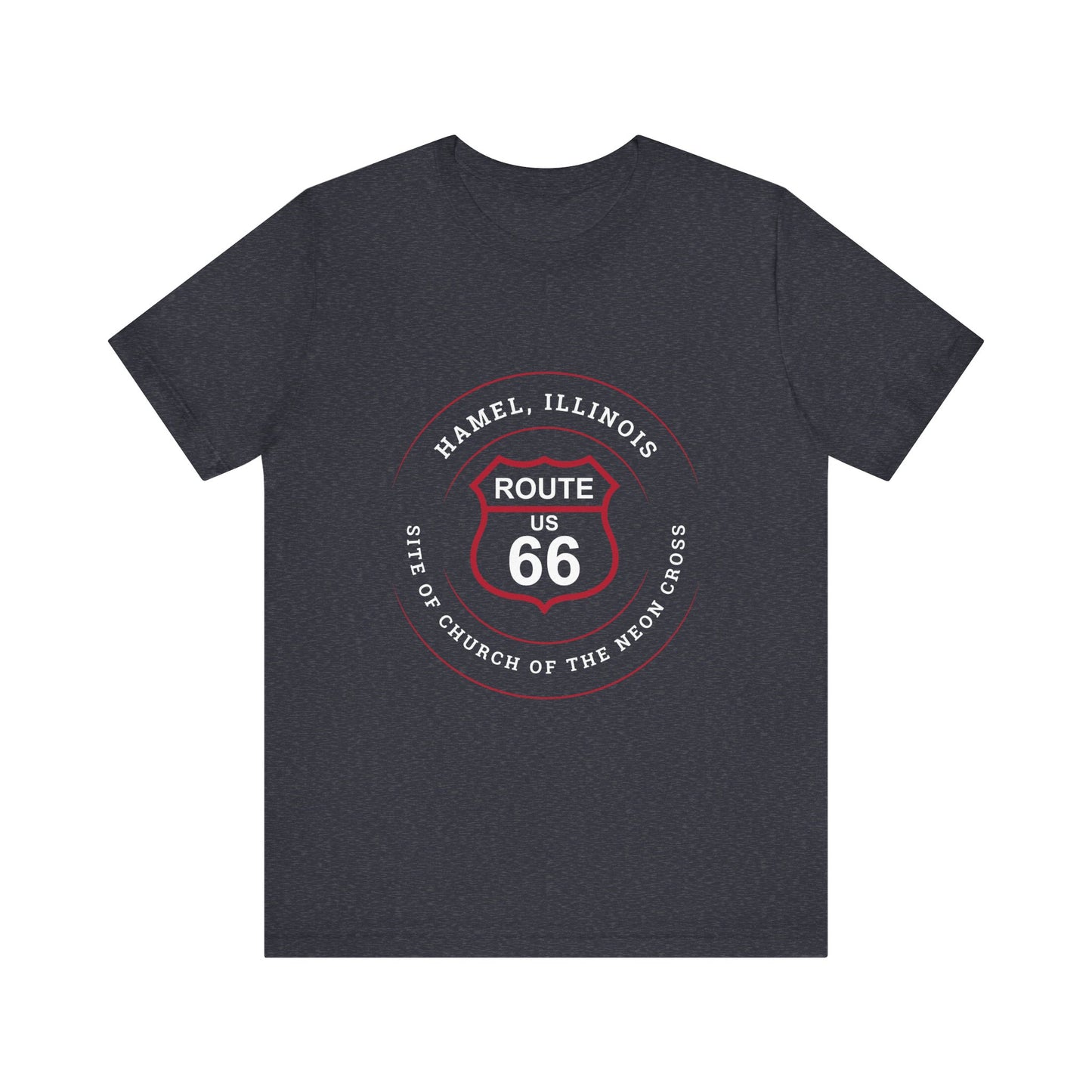 Heather navy retro Route 66 unisex jersey tee with Hamel, IL:: "Site of the Church of the Neon Cross" design