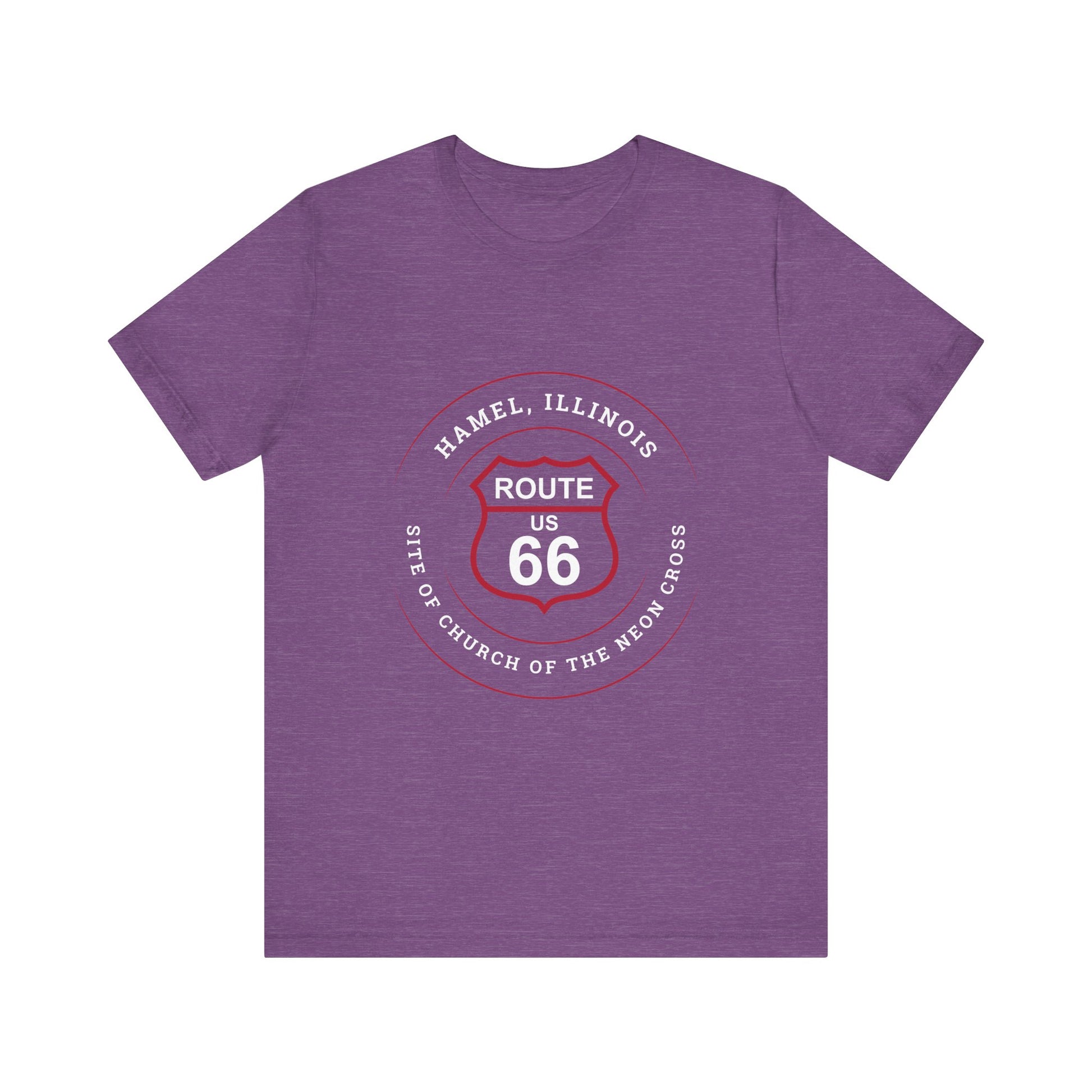 Heather team purple retro Route 66 unisex jersey tee with Hamel, IL:: "Site of the Church of the Neon Cross" design