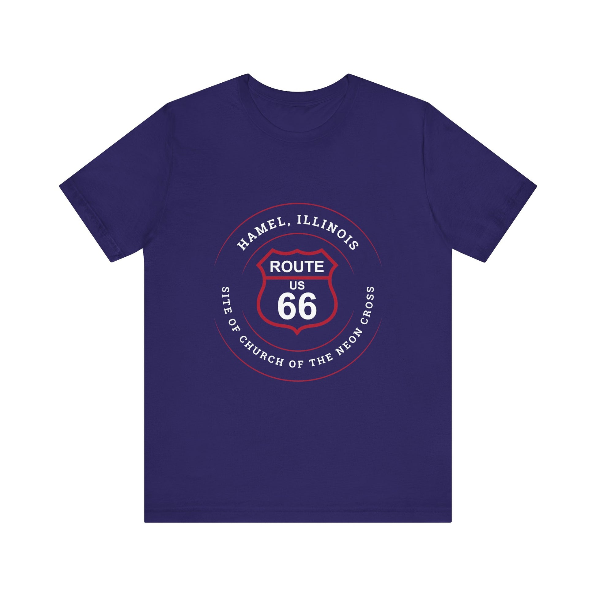 Team navy retro Route 66 unisex jersey tee with Hamel, IL:: "Site of the Church of the Neon Cross" design