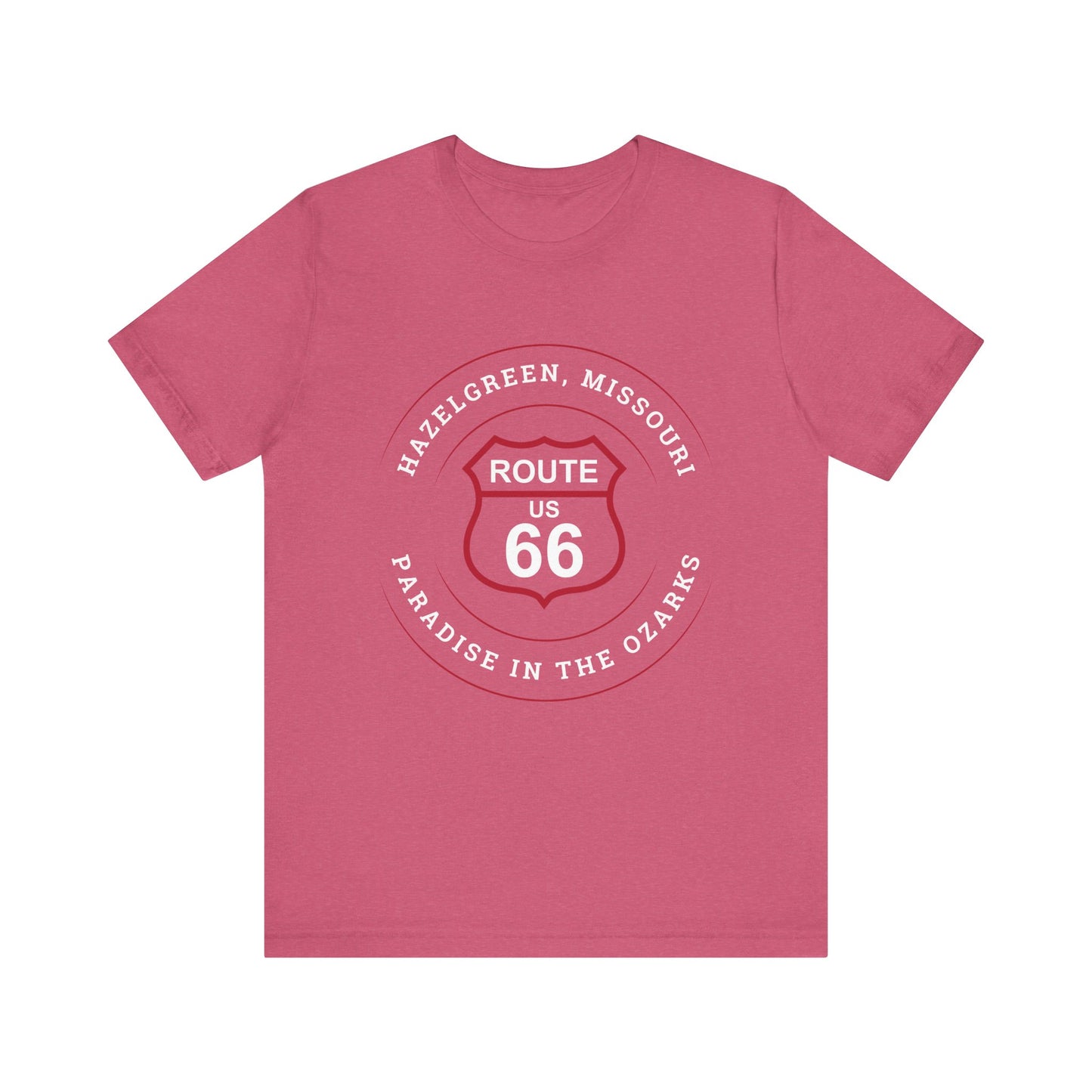 Heather raspberry retro Route 66 unisex jersey tee with Hazelgreen, MO "Paradise in the Ozarks" design