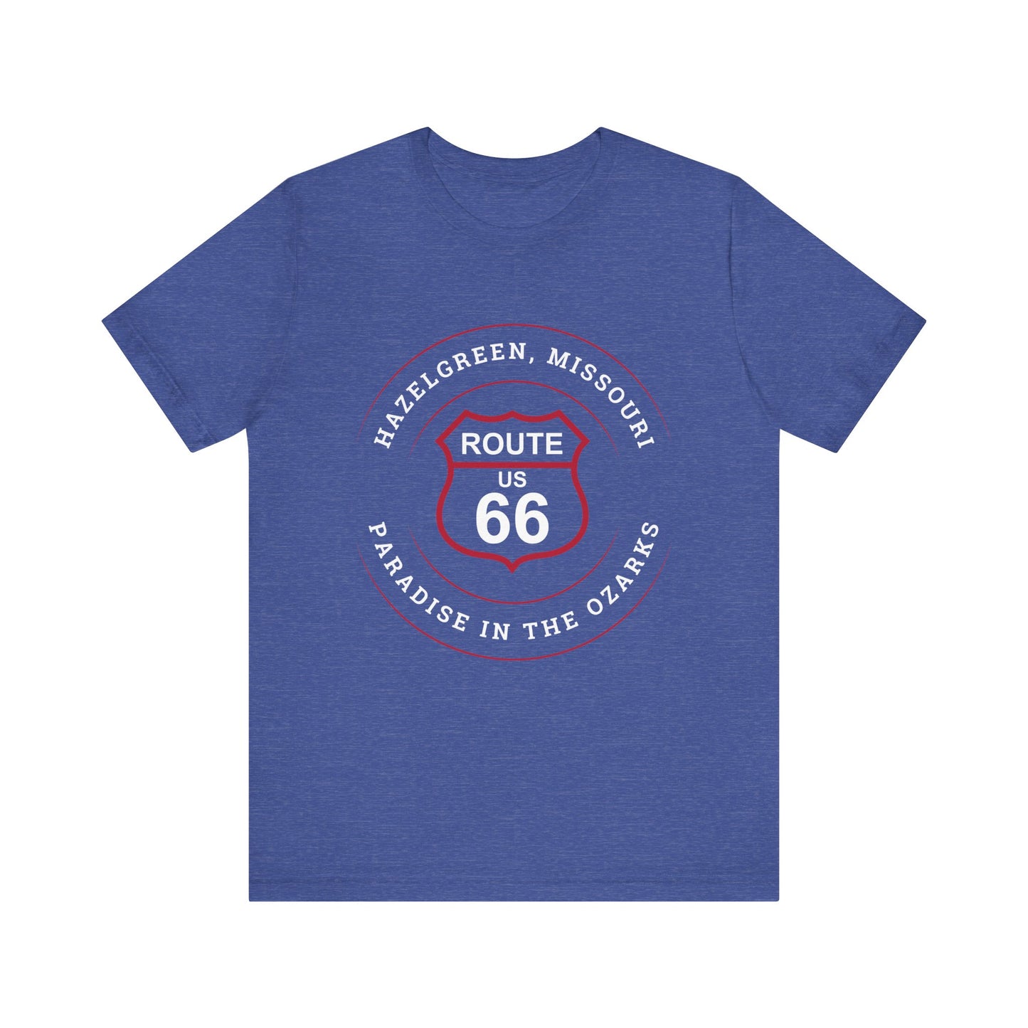 Heather true royal retro Route 66 unisex jersey tee with Hazelgreen, MO "Paradise in the Ozarks" design