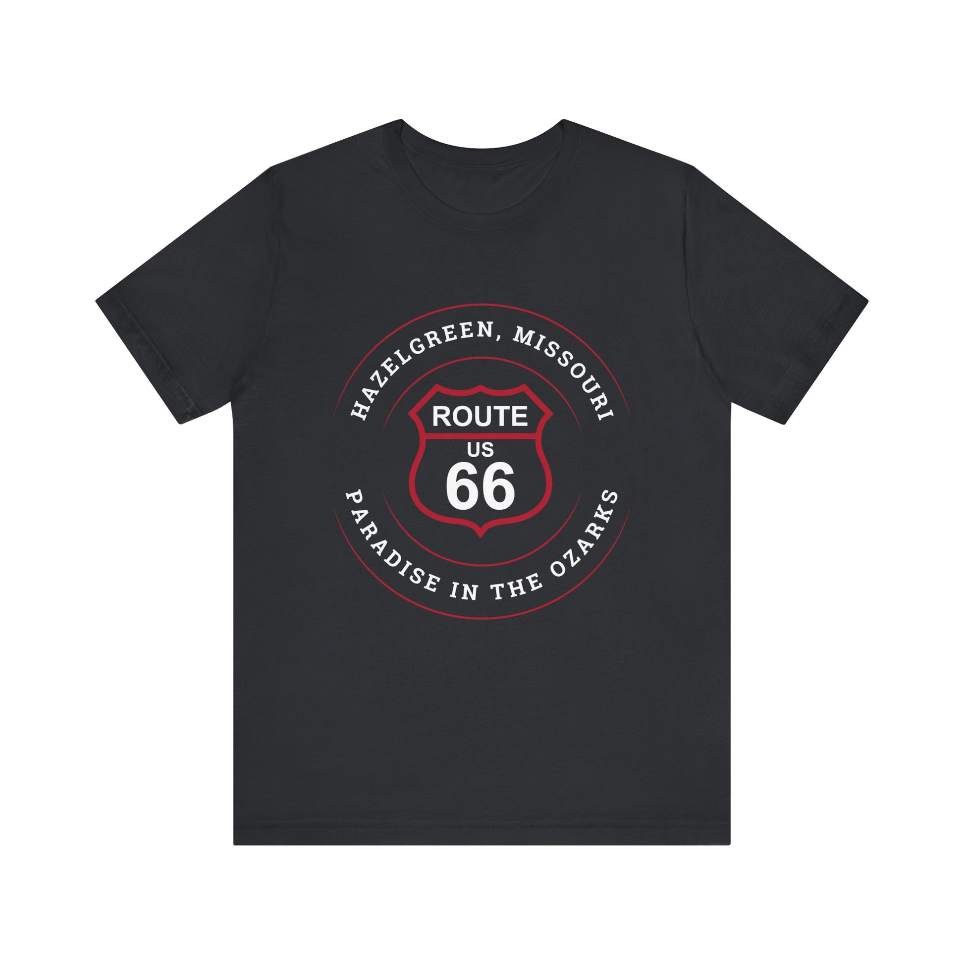 Vintage black retro Route 66 unisex jersey tee with Hazelgreen, MO "Paradise in the Ozarks" design