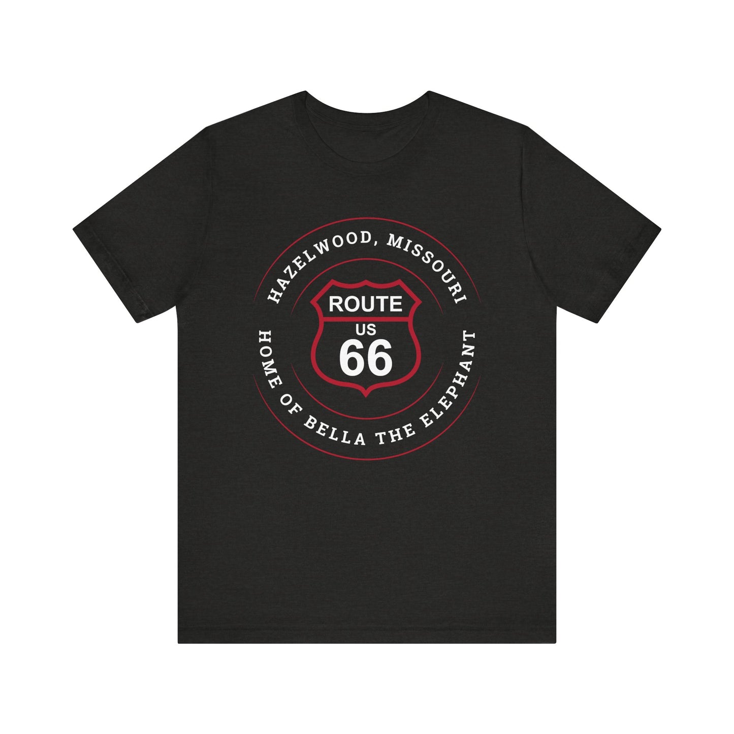 Black heather retro Route 66 unisex jersey tee with Hazelwood, MO: "Home of Bella the Elephant" design