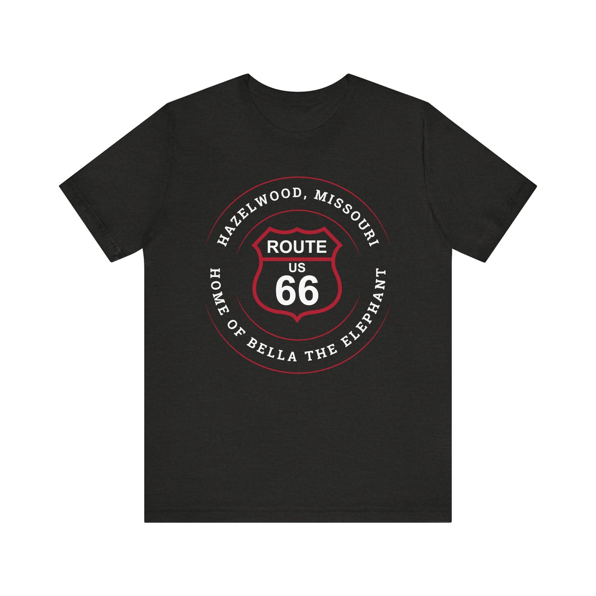 Black heather retro Route 66 unisex jersey tee with Hazelwood, MO: "Home of Bella the Elephant" design