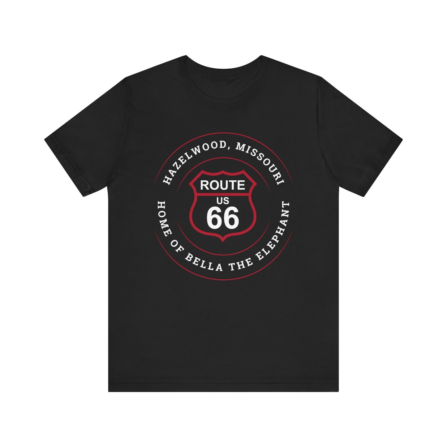 Black retro Route 66 unisex jersey tee with Hazelwood, MO: "Home of Bella the Elephant" design