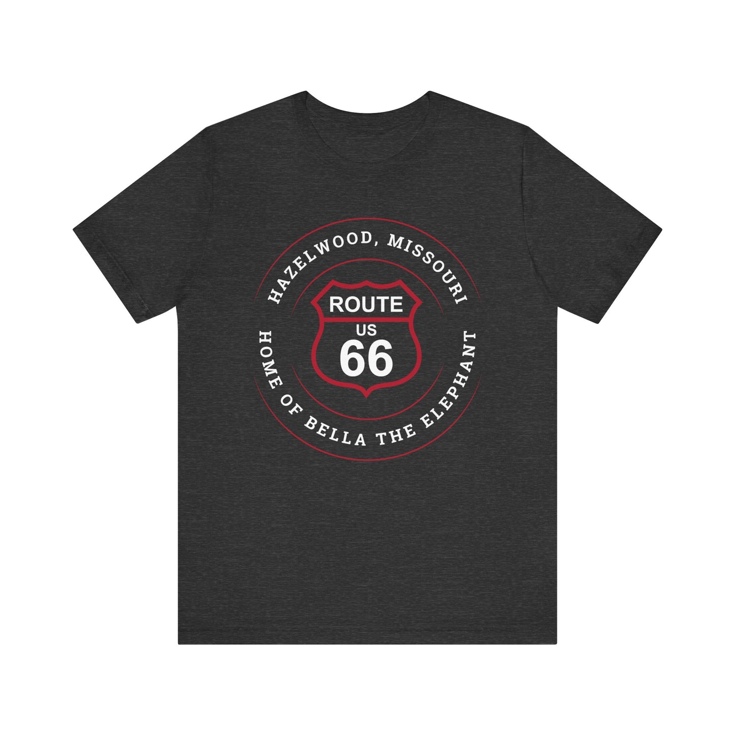 Dark grey heather retro Route 66 unisex jersey tee with Hazelwood, MO: "Home of Bella the Elephant" design