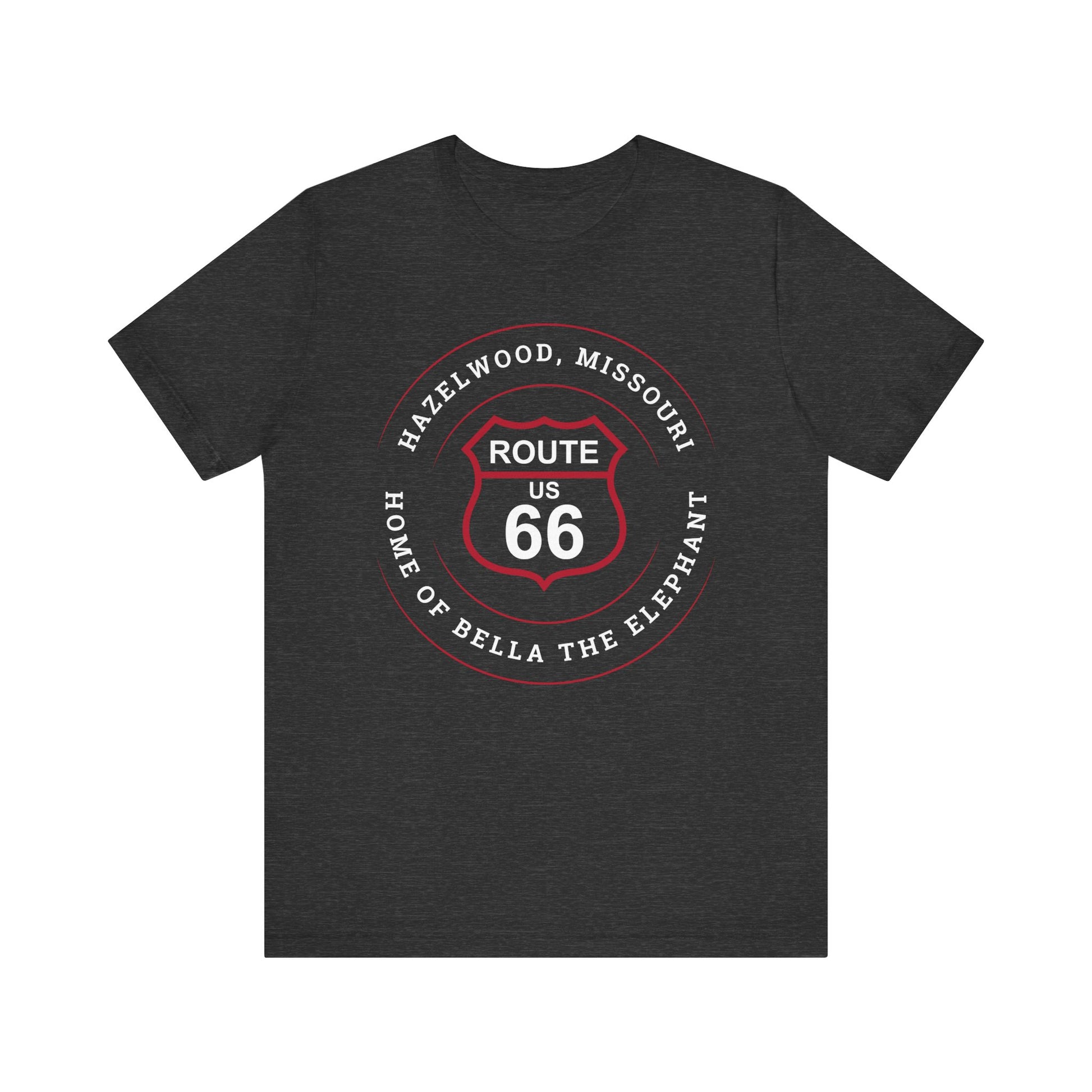 Dark grey heather retro Route 66 unisex jersey tee with Hazelwood, MO: "Home of Bella the Elephant" design