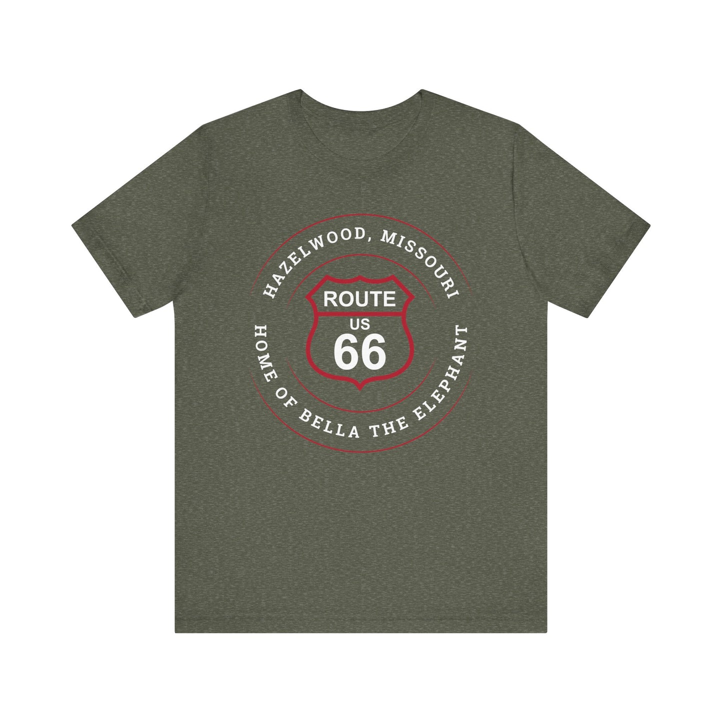 Heather military green retro Route 66 unisex jersey tee with Hazelwood, MO: "Home of Bella the Elephant" design