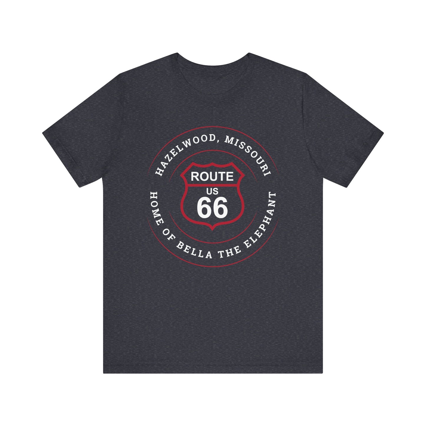 Heather navy retro Route 66 unisex jersey tee with Hazelwood, MO: "Home of Bella the Elephant" design