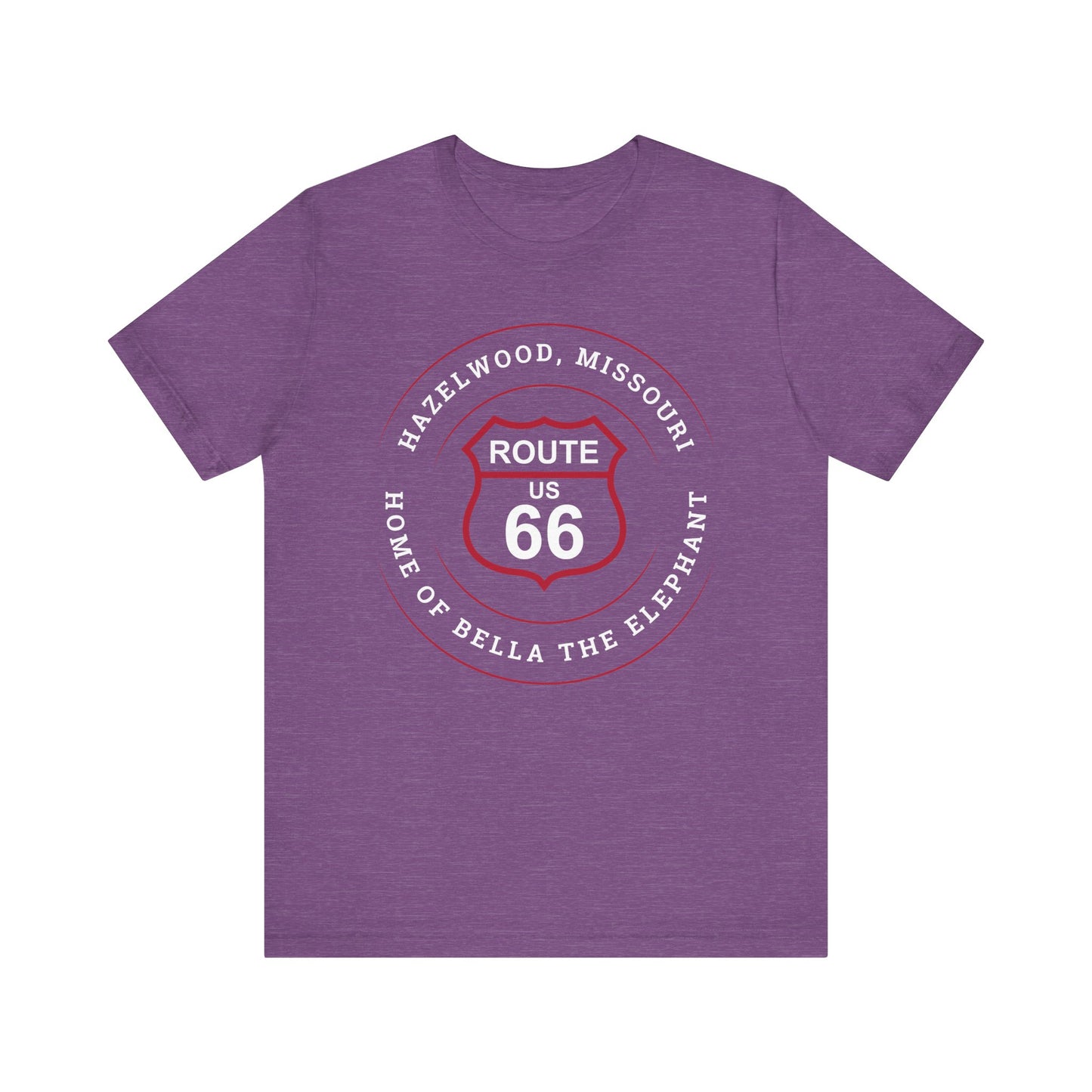 Heather team purple retro Route 66 unisex jersey tee with Hazelwood, MO: "Home of Bella the Elephant" design