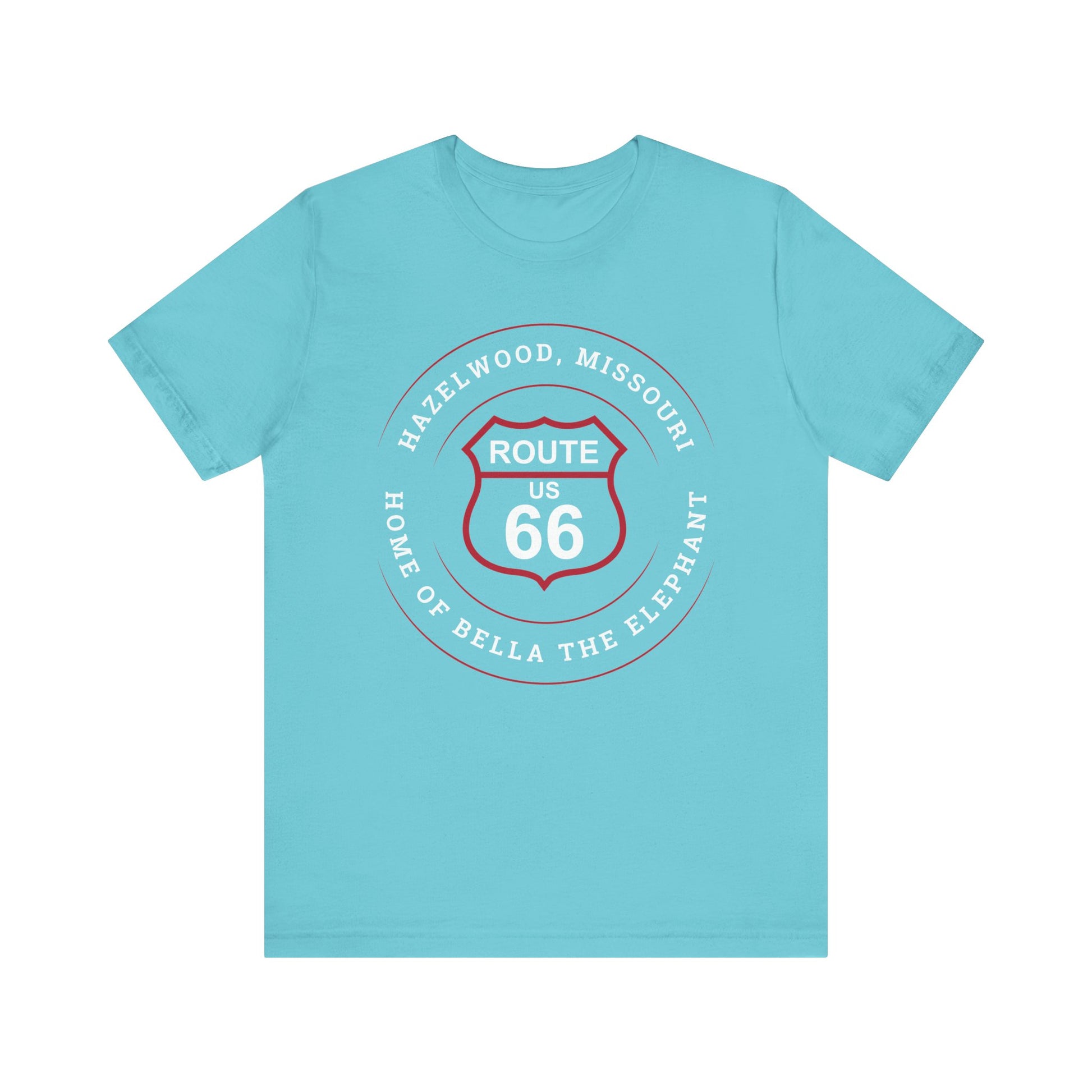 Turquoise retro Route 66 unisex jersey tee with Hazelwood, MO: "Home of Bella the Elephant" design