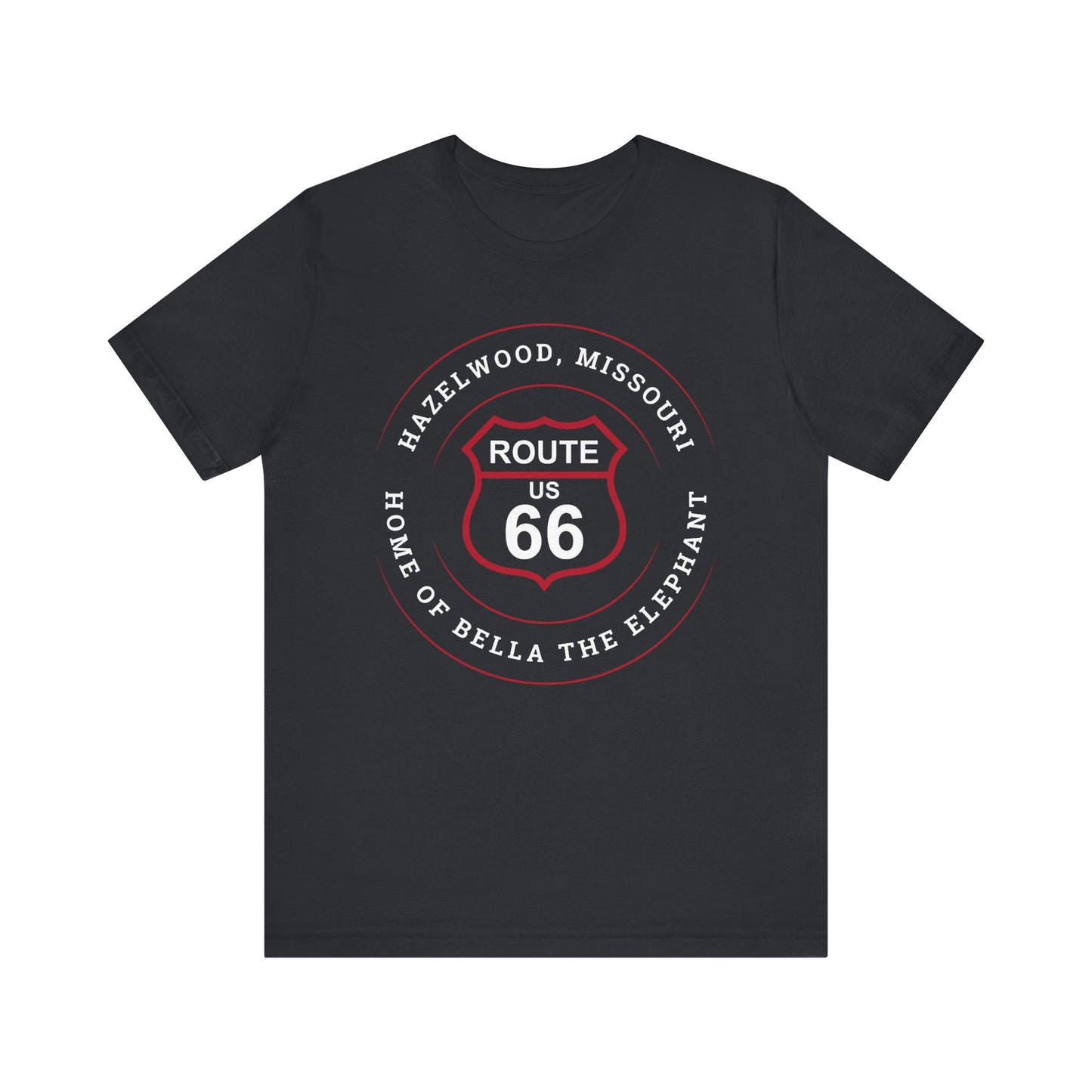 Vintage black retro Route 66 unisex jersey tee with Hazelwood, MO: "Home of Bella the Elephant" design