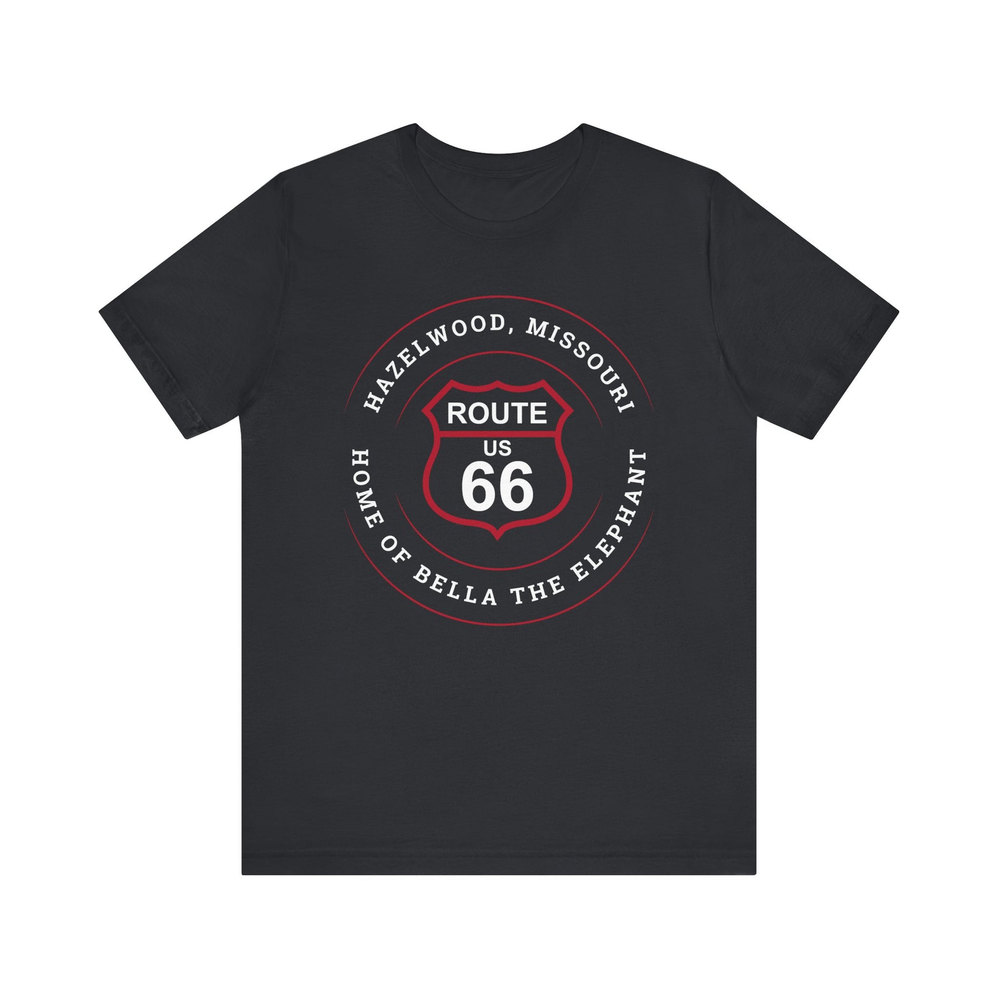 Vintage black retro Route 66 unisex jersey tee with Hazelwood, MO: "Home of Bella the Elephant" design