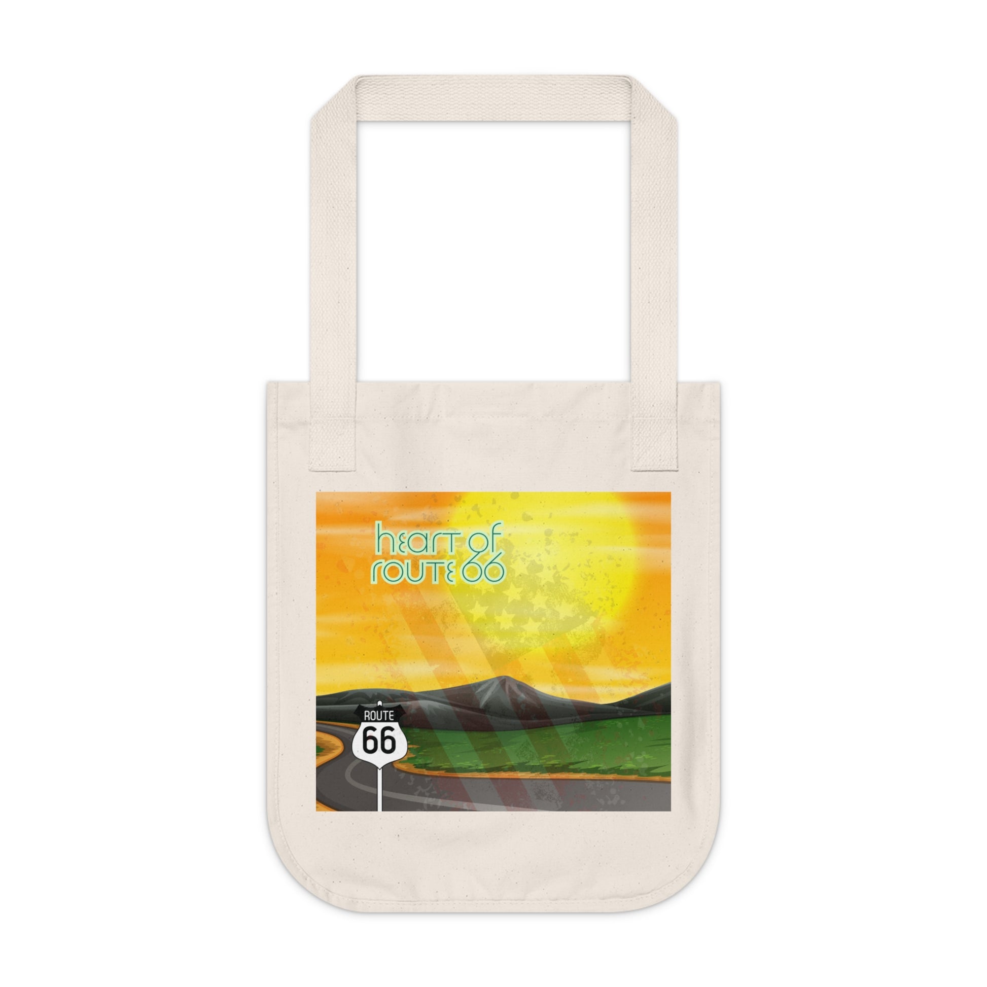 Natural organic cotton tote bag with Heart of Route 66 graphic, a Route 66 signpost, mountains and the winding road into the sun design