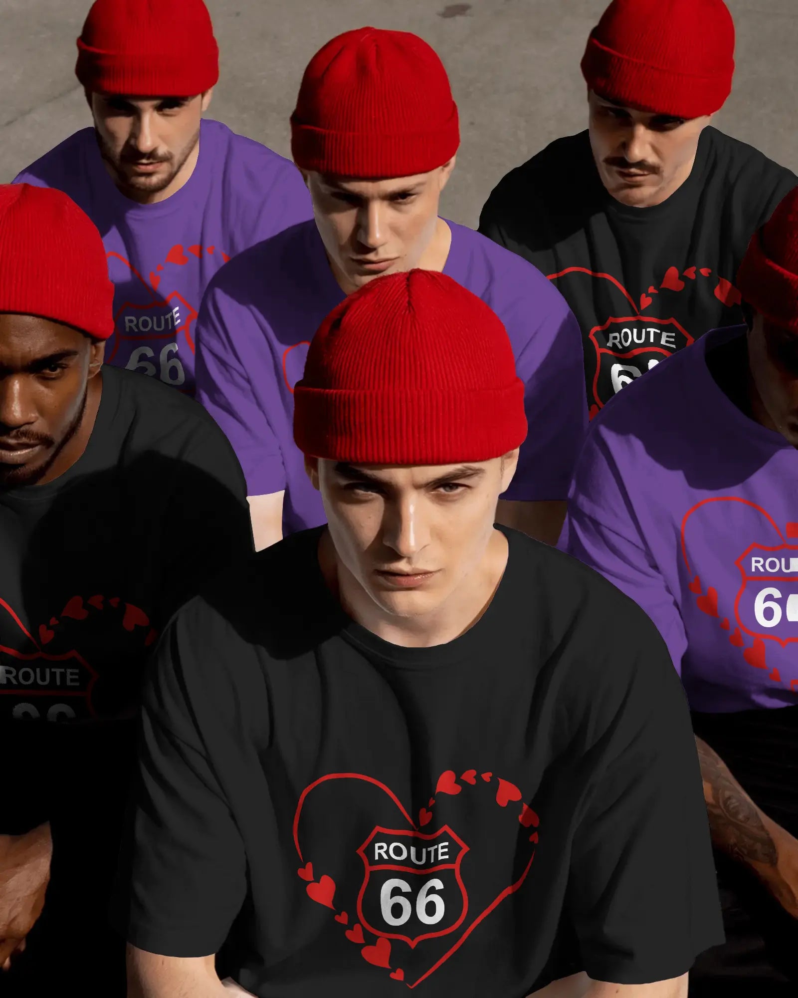 Group of models wearing Route 66 heart t-shirts in black and purple streetwear style