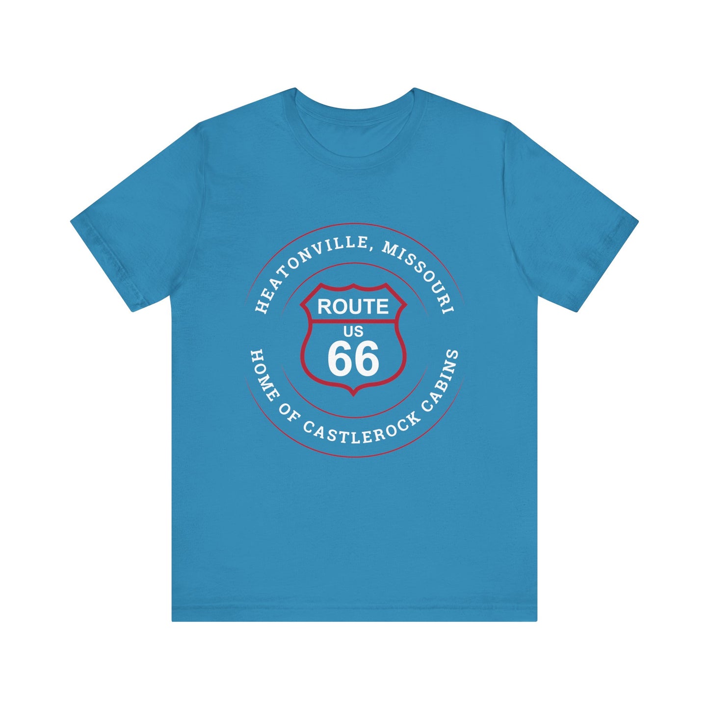 Aqua retro Route 66 unisex jersey tee with Heatonville, MO "Home of Castlerock Cabins" design