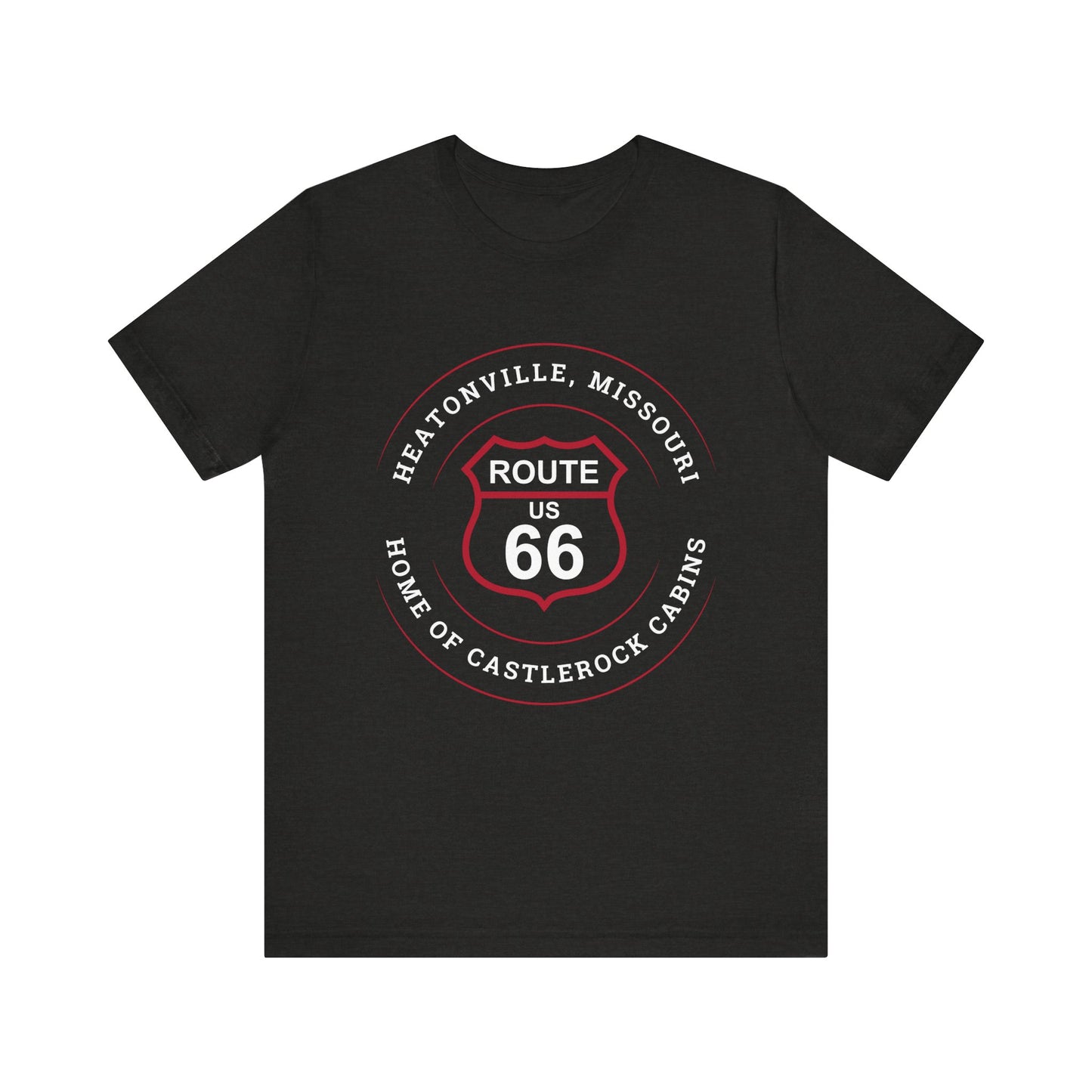Black heather retro Route 66 unisex jersey tee with Heatonville, MO "Home of Castlerock Cabins" design