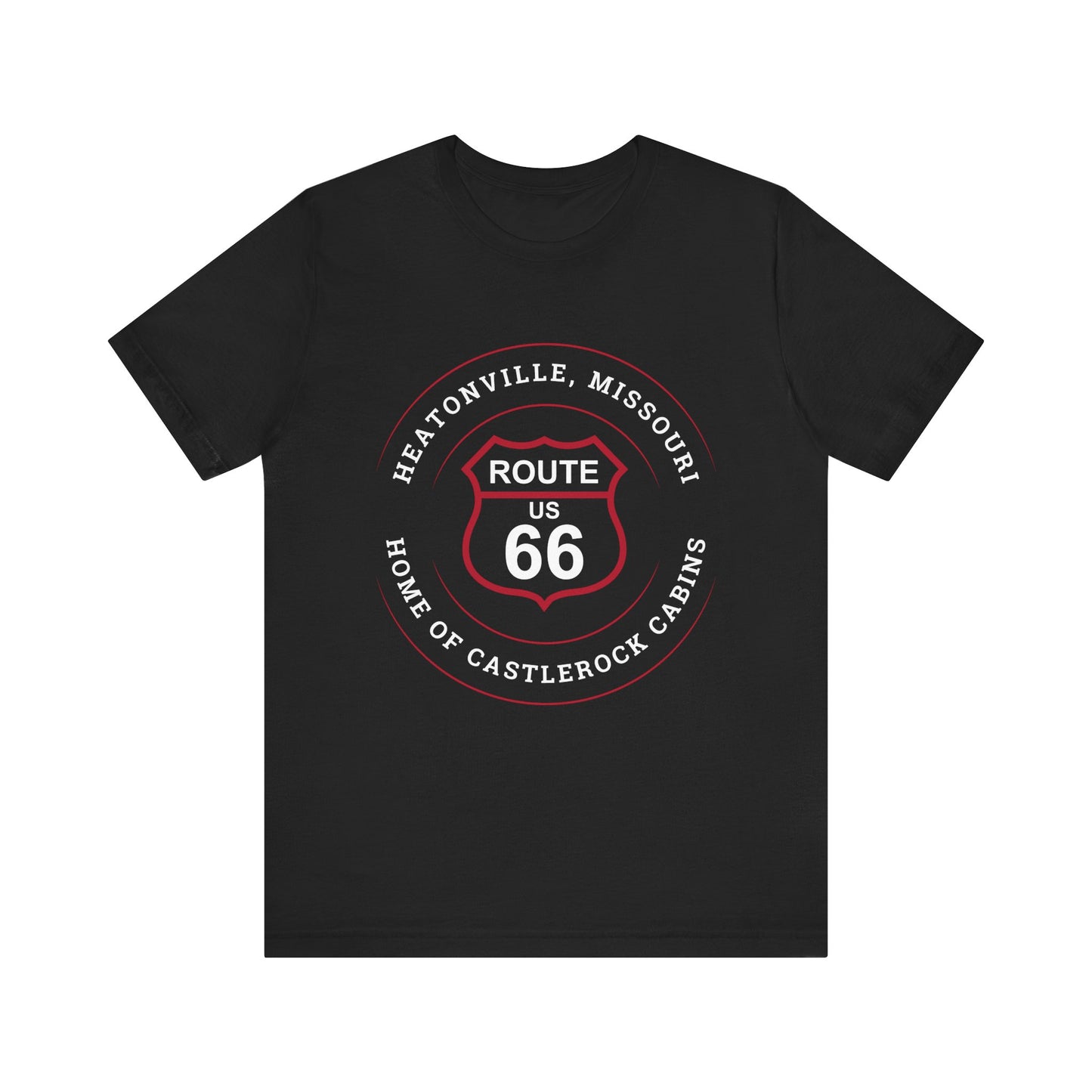 Black retro Route 66 unisex jersey tee with Heatonville, MO "Home of Castlerock Cabins" design