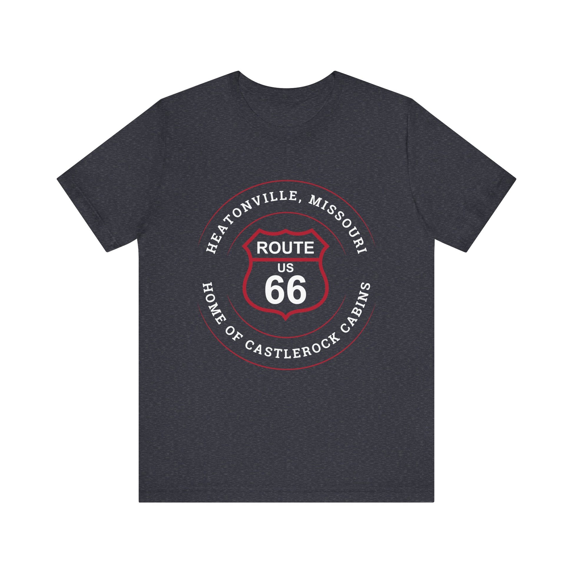 Heather navy retro Route 66 unisex jersey tee with Heatonville, MO "Home of Castlerock Cabins" design
