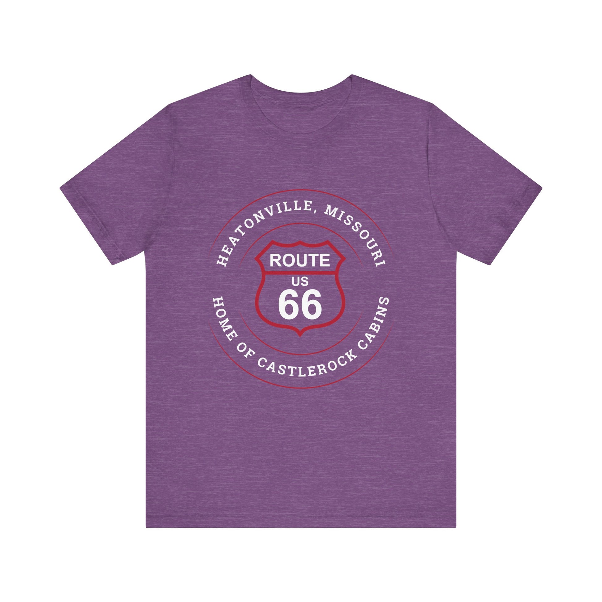 Heather team purple retro Route 66 unisex jersey tee with Heatonville, MO "Home of Castlerock Cabins" design