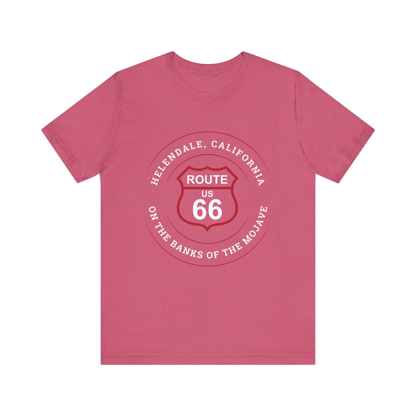 Heather raspberry retro Route 66 unisex jersey tee with Helendale, CA: "On the Banks of the Mojave" design