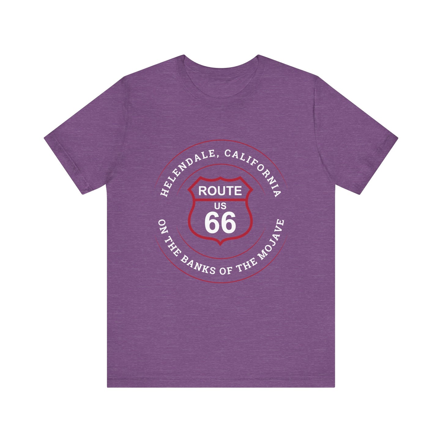 Heather team purple retro Route 66 unisex jersey tee with Helendale, CA: "On the Banks of the Mojave" design