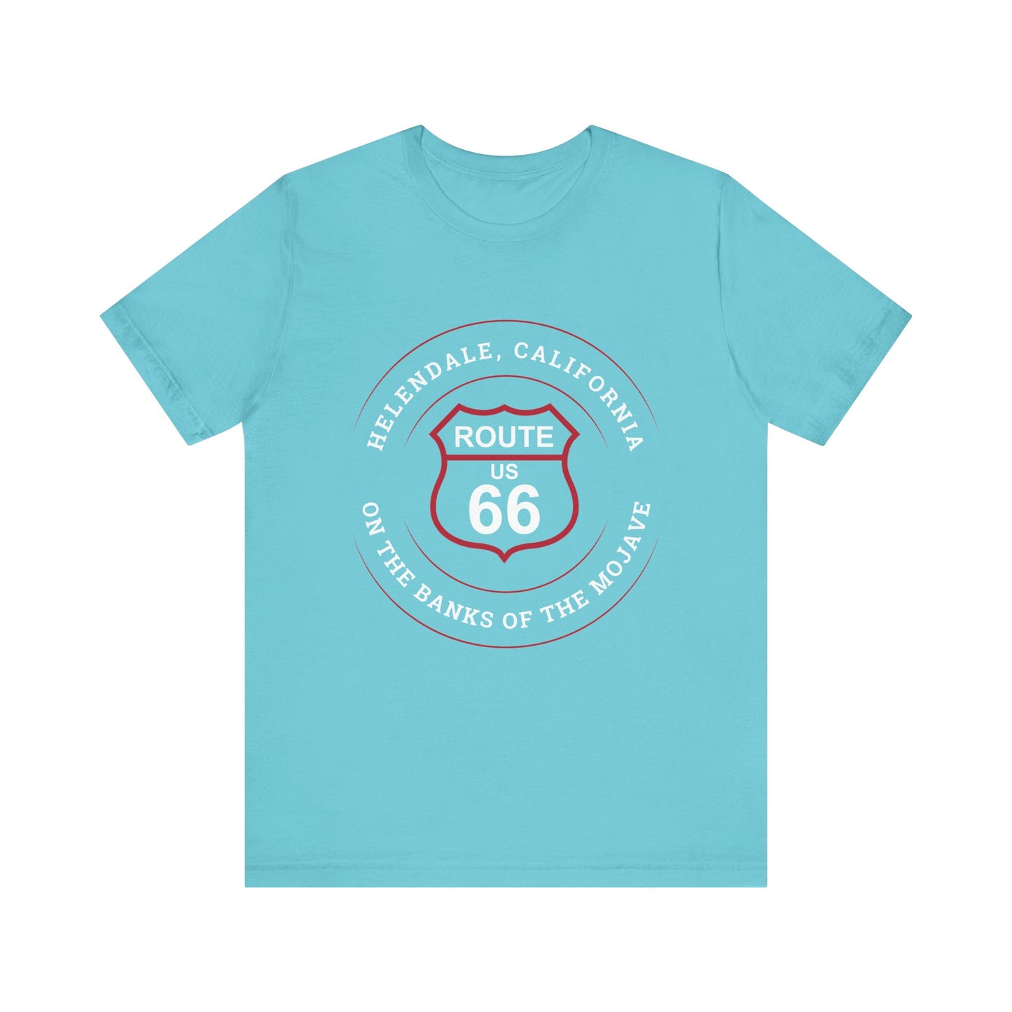 Turquoise retro Route 66 unisex jersey tee with Helendale, CA: "On the Banks of the Mojave" design