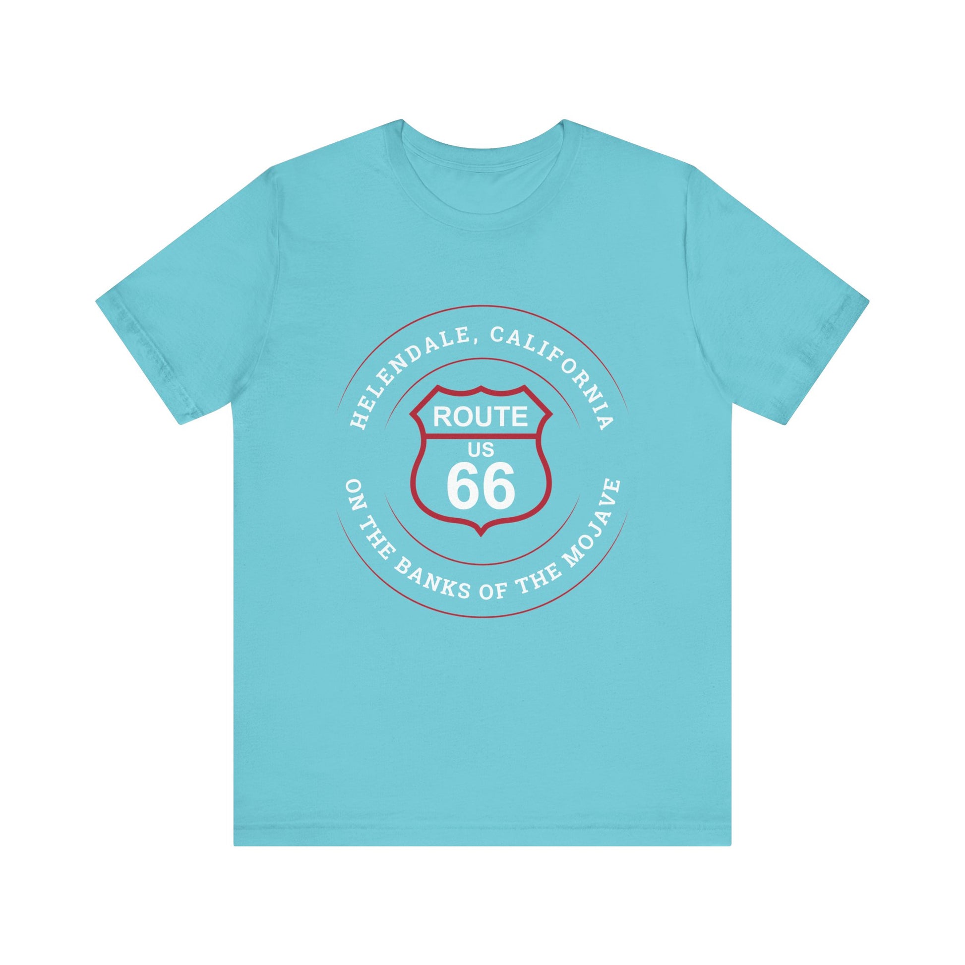 Turquoise retro Route 66 unisex jersey tee with Helendale, CA: "On the Banks of the Mojave" design