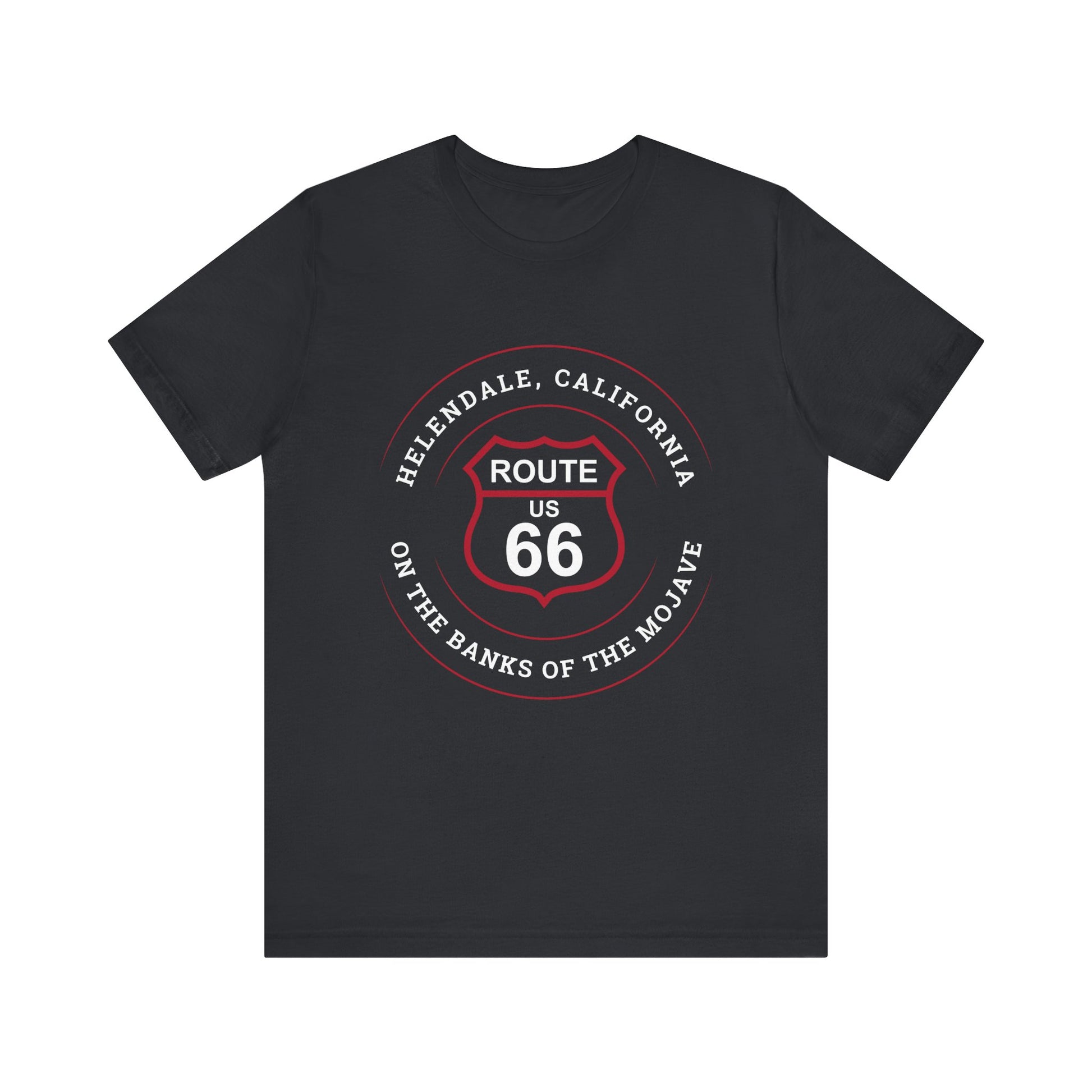 Vintage black retro Route 66 unisex jersey tee with Helendale, CA: "On the Banks of the Mojave" design