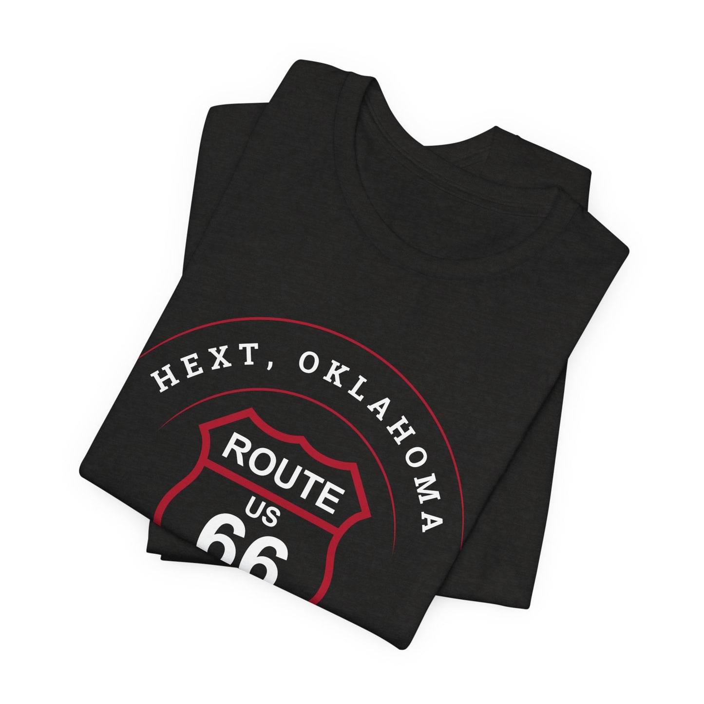 Folded black heather retro Route 66 unisex jersey tee with Hext, OK: "Curious and Curiouser" design