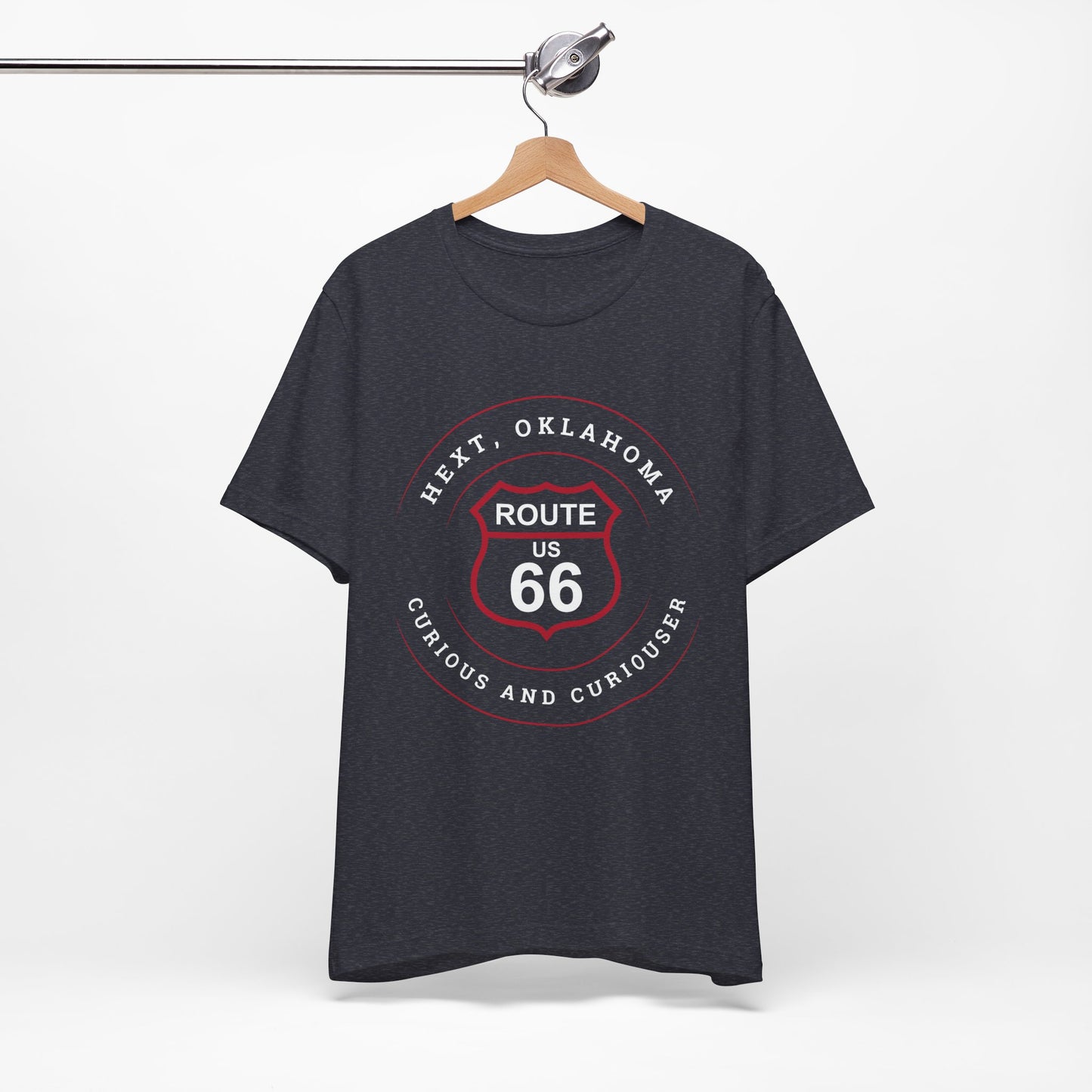 Heather navy retro Route 66 unisex jersey tee with Hext, OK: "Curious and Curiouser" design