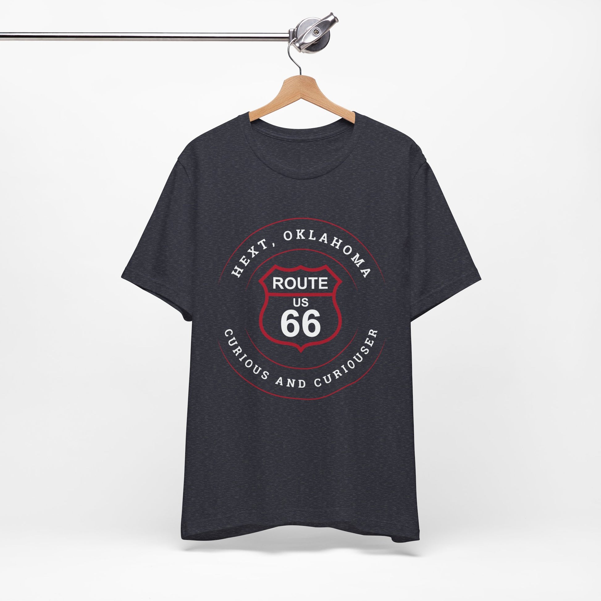 Heather navy retro Route 66 unisex jersey tee with Hext, OK: "Curious and Curiouser" design