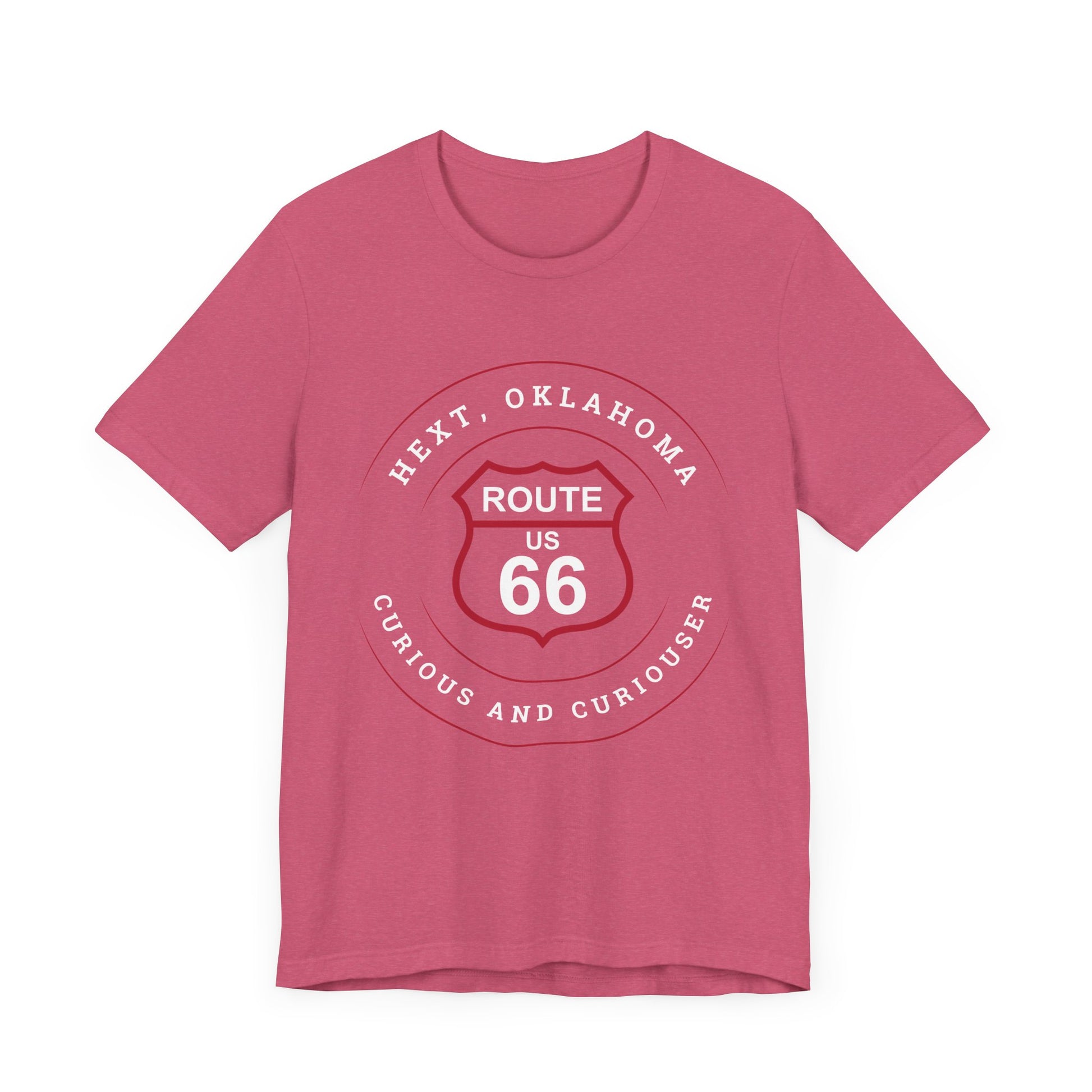 Heather raspberry retro Route 66 unisex jersey tee with Hext, OK: "Curious and Curiouser" design