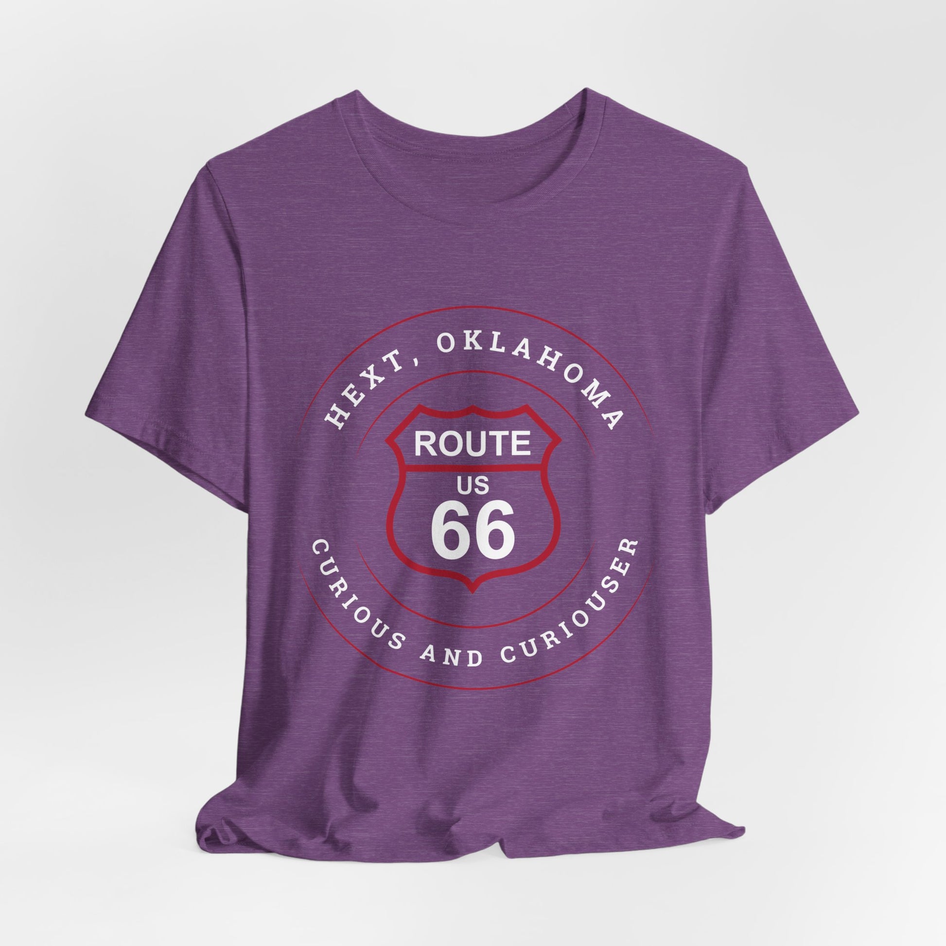 Heather team purple retro Route 66 unisex jersey tee with Hext, OK: "Curious and Curiouser" design