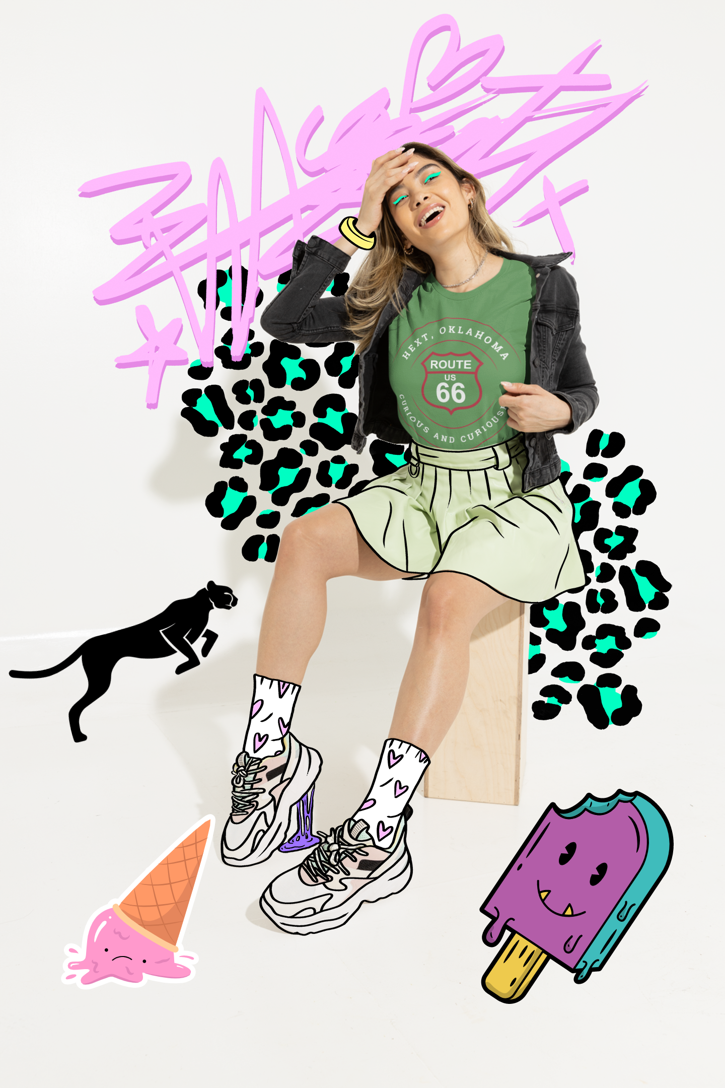 Female model wearing leaf retro Route 66 unisex jersey tee with Hext, OK: "Curious and Curiouser" design, styled with a black jacket, an illustrated light green skirt, illustrated socks and sneakers, and curious and curiouser graphic doodles in the background