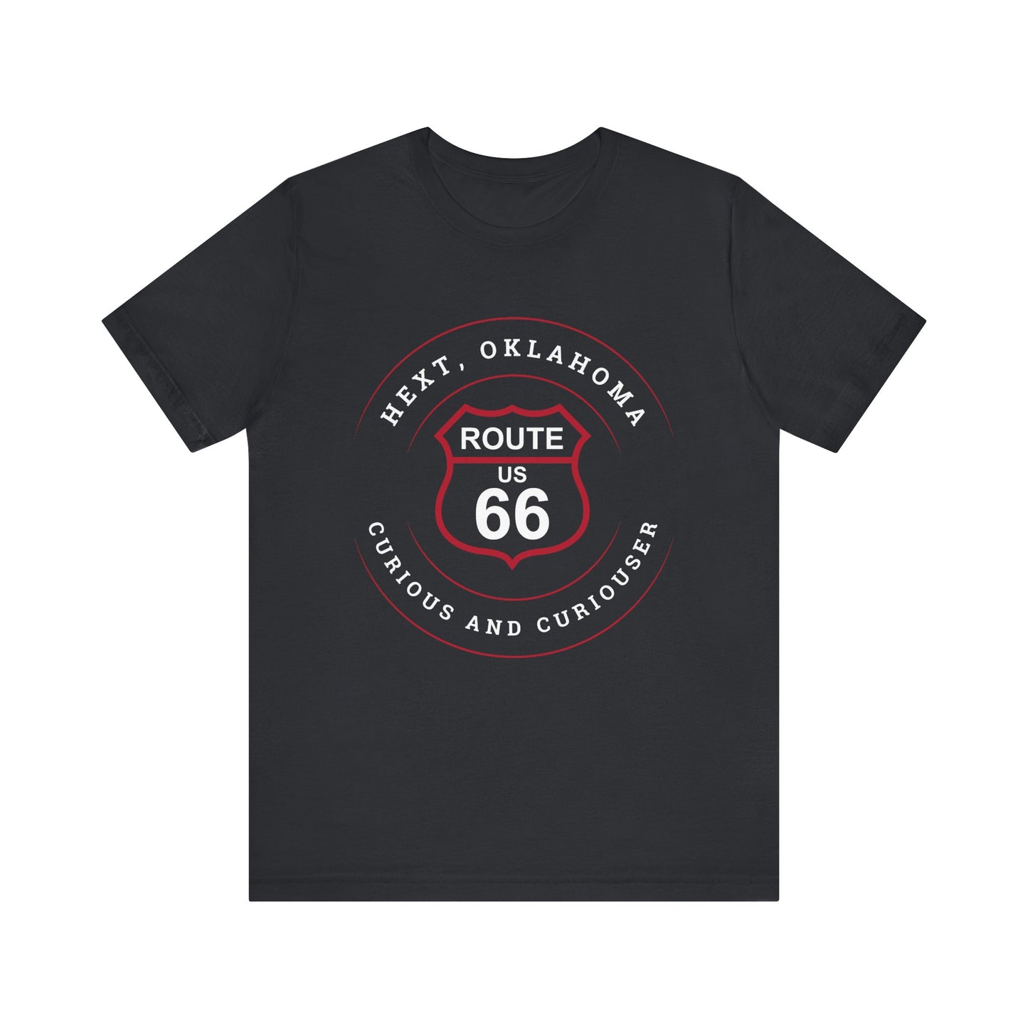 Vintage black retro Route 66 unisex jersey tee with Hext, OK: "Curious and Curiouser" design