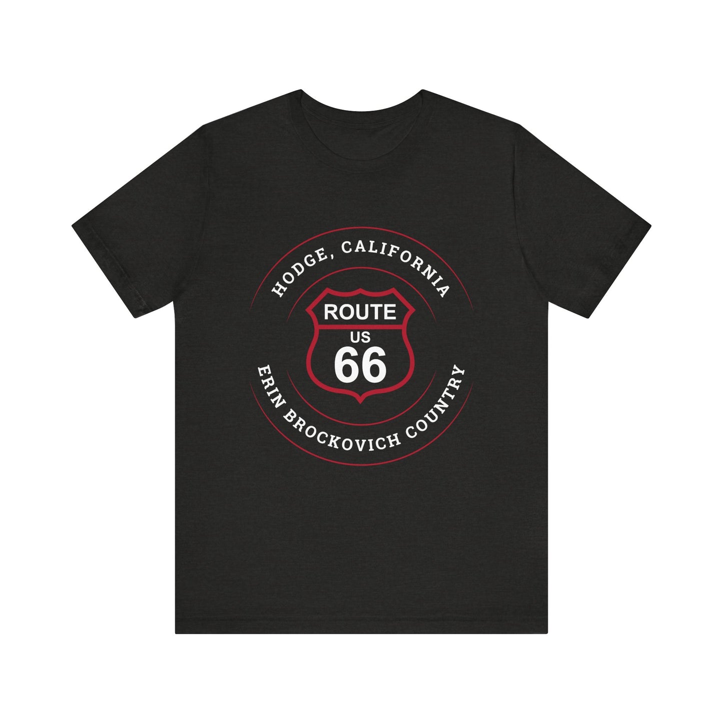 Black heather retro Route 66 unisex jersey tee with Hodge, CA: "Erin Brockovich Country" design
