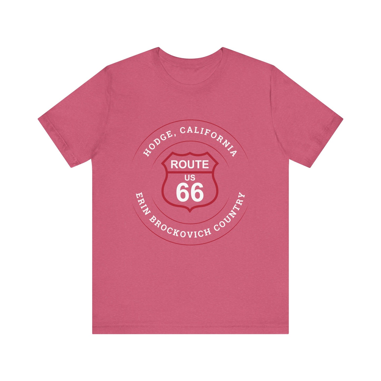 Heather raspberry retro Route 66 unisex jersey tee with Hodge, CA: "Erin Brockovich Country" design
