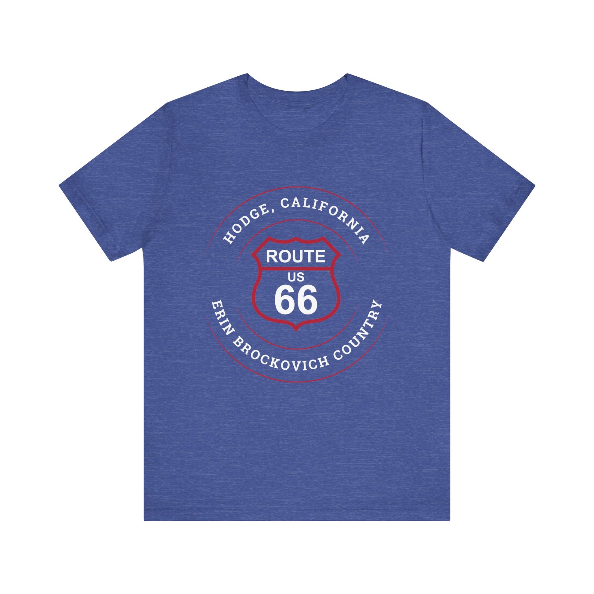 Heather true royal retro Route 66 unisex jersey tee with Hodge, CA: "Erin Brockovich Country" design