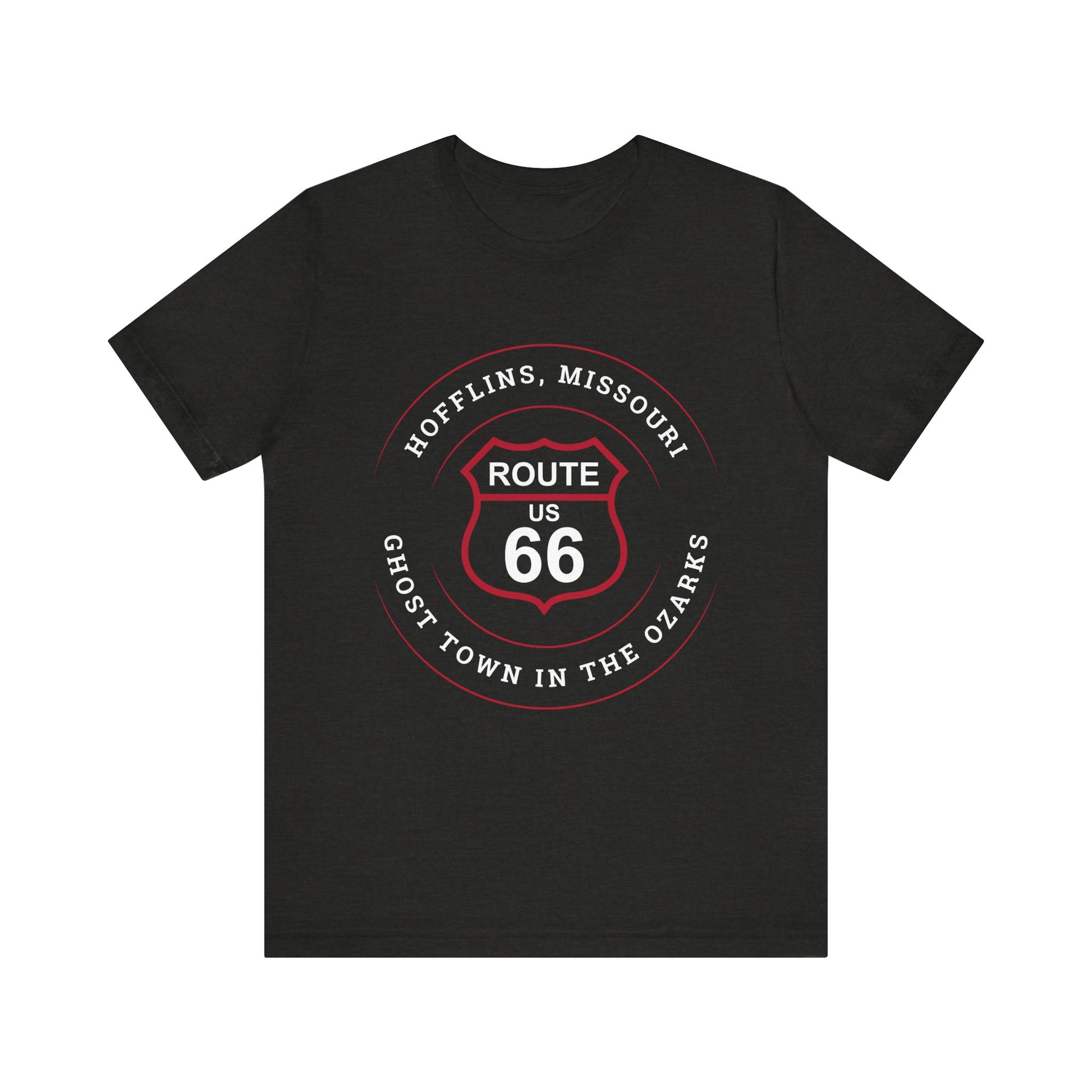 Black heather retro Route 66 unisex jersey tee with Hofflins, MO: "A Ghost Town in the Ozarks" design