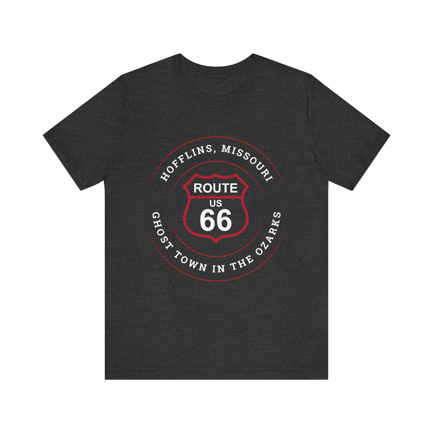 Dark grey heather retro Route 66 unisex jersey tee with Hofflins, MO: "A Ghost Town in the Ozarks" design
