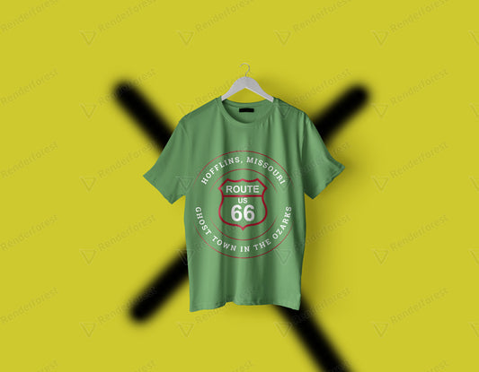 A leaf retro Route 66 unisex jersey tee with a Hofflins, MO: "A Ghost Town in the Ozarks" design on a hanger against a yellow background with a giant black 'X' spraypainted on it