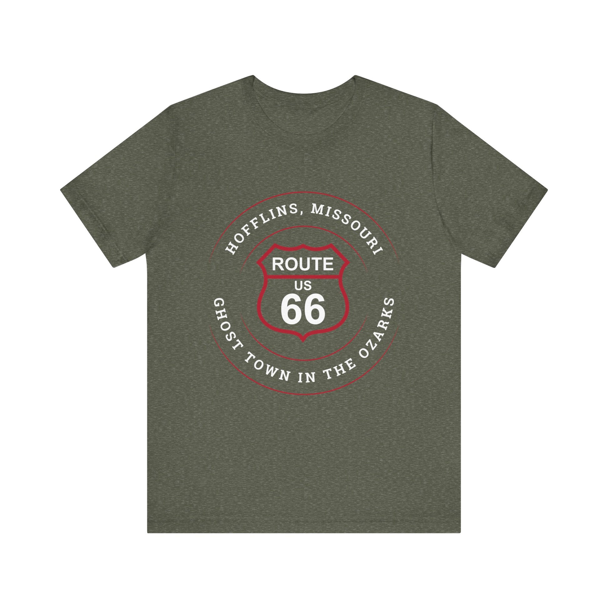 Heather military green retro Route 66 unisex jersey tee with Hofflins, MO: "A Ghost Town in the Ozarks" design