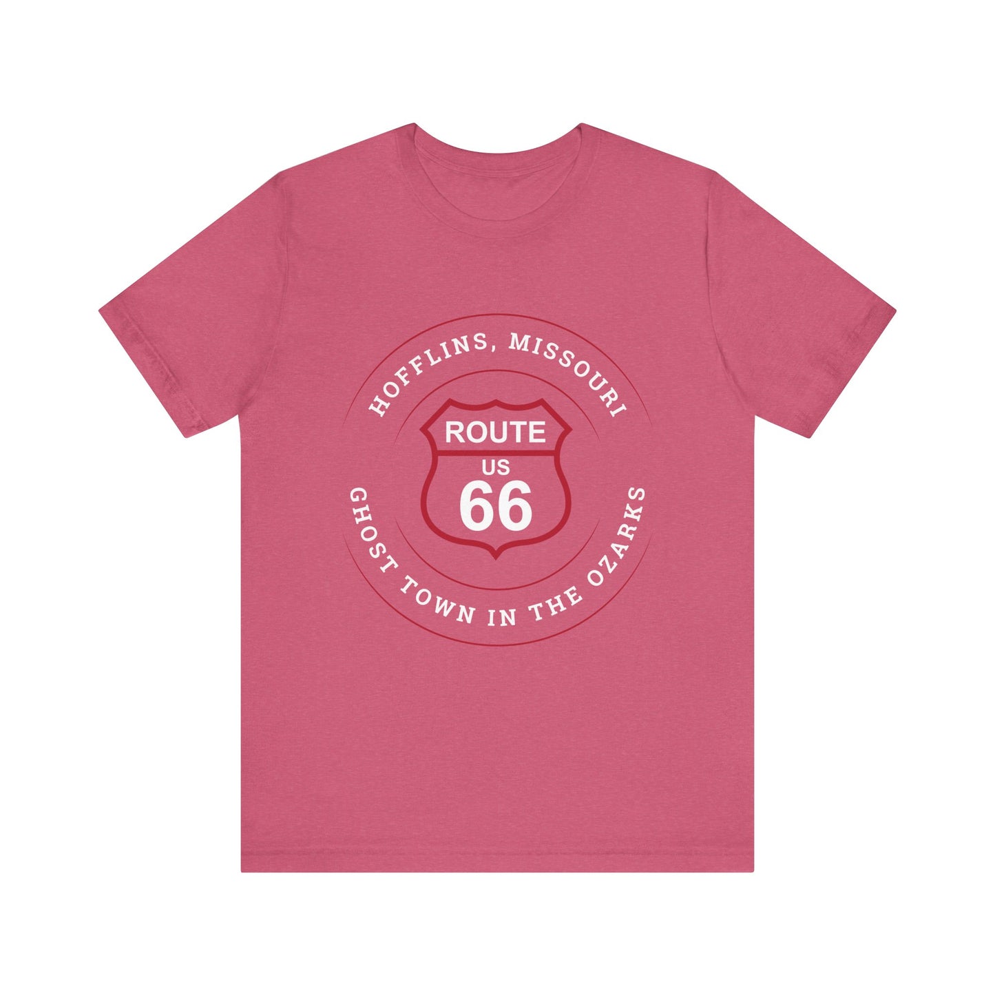 Heather raspberry retro Route 66 unisex jersey tee with Hofflins, MO: "A Ghost Town in the Ozarks" design